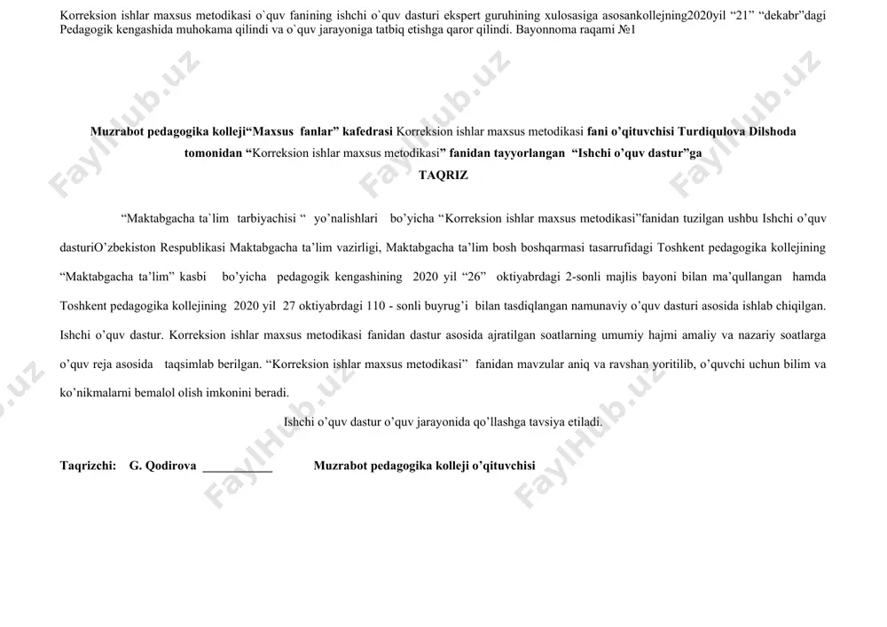 ib qo‘llash mumkinligi tushuntiriladi. amaliy mashg‘ulotlar ta’lim muassasalarining belgilangan talablarga asosan jihozlangan o‘quv xonalari va ustaxonalarida o‘quv qurollari, asboblari va boshqa o‘quv jihozlaridan foydalangan holda o‘tkaziladi. nazorat mashg‘ulotlarida o‘quvchilar dasturda ko‘rsatilgan me’yorlarni (test, amaliy mashg`ulot) bajarishadi. o‘quvchilarning yakka tartibdagi bahosi dasturdagi bo‘limlar bo‘yicha nazorat mashg‘ulotlarida uning har bir me’yorni ( test, amaliy mashg`ulot) bajarilganligi uchun olgan baholari yig‘indisidan kelib chiqib quyidagicha aniqlanadi: “a’lo” – agarda barcha tekshirilgan me’yorlar(test, amaliy mashg`ulot) ning 50 % dan ortig‘i “a’lo” bahoga, qolganlari esa “yaxshi” bahoga bajarilgan bo‘lsa; “yaxshi” - agarda barcha tekshirilgan me’yorlar( test, amaliy mashg`ulot) ning 50 % dan ortig‘i “a’lo” va “yaxshi” baholarga bajarilsa, qolganlari esa qoniqarlidan pastga baholanmagan bo‘lsa; “qoniqarli” - agarda barcha tekshirilgan me’yorlar( test, amaliy mashg`ulot)ning bajarilishiga qo‘yilgan “qoniqarsiz” baho bittadan ko‘p bo‘lmasa; “qoniqarsiz” - me’yorlar bo‘yicha ikkita va undan ko‘p qoniqarsiz baho bo‘lsa; olingan bilim va ko’nikmalarini mustahkamlashga mo’ljallangan mustaqil ishlarning mazmuni xajmi ham keltirilgan. dаsturnоmi korreksion ishlar …