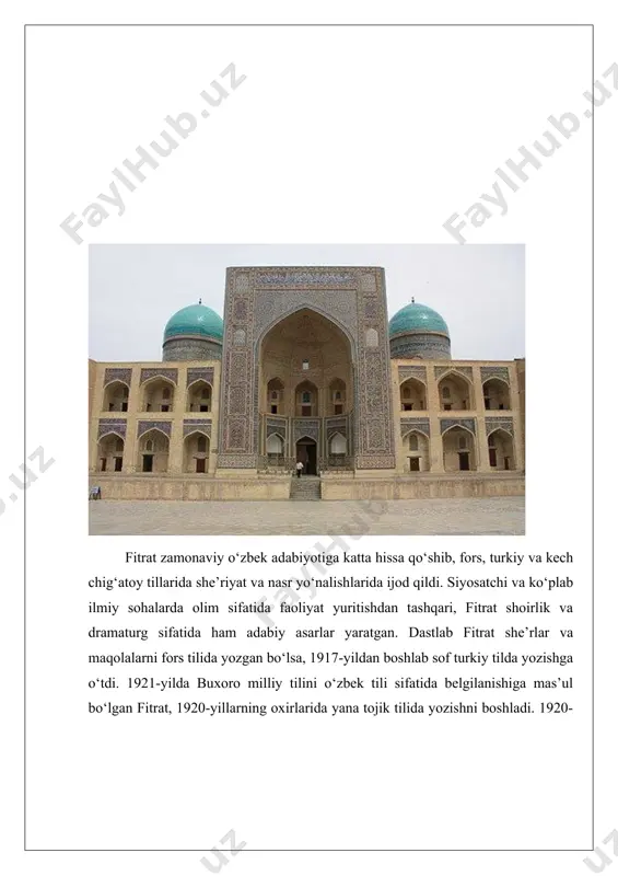 mekkaga haj safarini amalga oshirgan, bu davrda hindistonda bo‘lib, uyiga qaytish yo‘liga pul topish uchun sartaroshlik qilgan. abdurashidovga ko‘ra, fitrat o‘sha davrda allaqachon mijmar taxallusi bilan shoir sifatida tanilgan edi. shakuriy bilan bir qatorda xolid va allworth ham fitratning buxorodagi o‘qish joyi sifatida mir arab madrasasini tilga oladi. madrasa davrida fitrat o‘z ustozidan qadimgi yunon falsafasini ham o‘rgangan. fitrat o‘zining 1929-yilda nashr etilgan tarjimai holida buxoroni eng qorong‘u diniy markazlardan biri sifatida tasvirlaydi. u dindor musulmon bo‘lib, dastlab jadidlar islohoti harakatiga (usuli jadid “yangi usul”) qarshi bo‘lgan. fitratning o‘zi “yangi usul”da asosiy ta’limni olmagan. sadriddin ayniy fitratni o‘sha davrda buxoroning eng ziyoli va e’tiborga loyiq talabalari qatorida tanitadi, biroq u 1911-yilgacha buxorodan tashqarida deyarli noma’lum edi. abdurashidov fitratning buxorodagi birinchi jadidlar guruhi faoliyatida ishtirok etmaslik sababini amir abd al-ahadxonning qat’iy, liberalizmga qarshi rejimi bilan izohlaydi. abdurashidovning fikricha, fitrat taxminan 1909-yilda islohatchi g‘oyalarga qiziqish uyg‘otgan, va bu mehmet akif ersoyning “sirot-i …