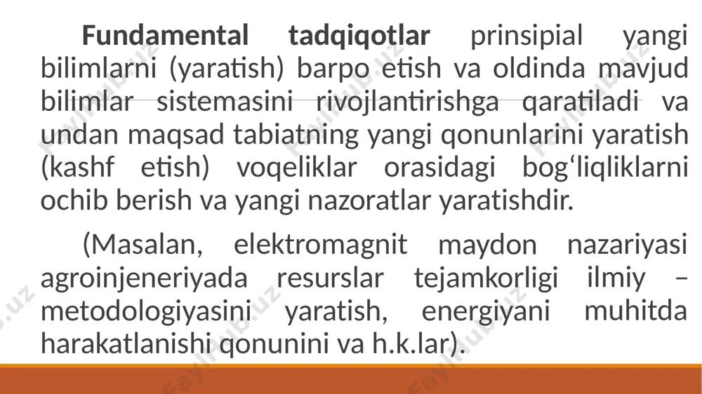or etish uchun): eksperimental tadqiqotlar maqsad va vazifalarini aniqlash; eksperimentni rejalashtirish va uni o‘tkazish metodikasini ishlab chiqish; – eksperimental qurilmalarni va eksperimentning boshqa vositalarini yaratish; o‘lchov usullarini asoslash va tanlash; eksperimental tadqiqotlar o‘tkazish va ularning natijalarini ishlab chiqish. 5-bosqich. ilmiy tadqiqotlarni tahlil qilish va rasmiylashtirish: nazariy va eksperimental tadqiqotlar natijalarini taqqoslash, ularning farqlarini tahlil qilish; tadqiqot obyekti nazariy modelini aniqlashtirish va xulosalar; ishchi farazni nazariyaga yoki uning raddiga aylantirish; ilmiy va ishlab chiqarish xulosalarini shakllantirish, tadqiqot natijalarini baholash; ilmiy-texnikaviy hisobot tuzish va uni retsenziya qildirish. 6-bosqich. joriy etish va iqtisodiy samaradorlik: tadqiqot natijalarini ishlab chiqarishga joriy etish; iqtisodiy samarani belgilash. ishlanmalarni, loyiha konstruktorlik ishlarini (lki) bajarish jarayoni quyidagi bosqichlardan iborat bo‘ladi: 1-bosqich. dolzarblikni asoslash va mavzuni shakllantirish, lkining maqsad va vazifalarini shakllantirish (iti 1-, 2- bosqichlaridagi ishlar bajariladi). 2-bosqich. texnikaviy topshiriq va taklif: eksperimental namunani loyihalashda texnikaviy topshiriqni ishlab chiqish; texnikaviy-iqtisodiy asos; patentga loyiqlikni tekshirish. 3-bosqich. texnikaviy loyihalash: – texnikaviy …