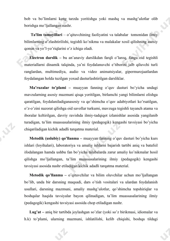 ’at – aniq bir tartibda joylashgan so’zlar (yoki so’z birikmasi, idiomalar va h.k) to’plami, ularning mazmuni, ishlatilishi, kelib chiqishi, boshqa tildagi tarjimasi to’g’risida ma’lumot beruvchi yoki so’zning tushunchasi, u bilan belgilanuvchi predmetlar haqida axborot beruvchi nashr. izohli lug’at – so’zlarning mazmunini izohlaydigan, har bir so’zning grammatik, etimologik va stilistik tavsifi berilgan, ularni qo’llashga oid misollar va boshqa ma’lumotlar keltirilgan, qo’shimcha adabiyot sifatida foydalaniladigan nashr. ta'lim bеrishda ta'lim tamoyillari o’qituvchi faoliyatini va talabaning bilim faoliyati xususiyatini bеlgilovchi omildir. uzluksiz ta'lim kadrlarni tayyorlash tizimining asosi va kadrlar tayyorlash milliy modеlining tarkibiy qismlaridan biri dеb, ta'kidlanadi. kadrlar tayyorlash milliy dasturida uzluksiz ta'lim tizimi o’quv-tarbiya jarayonining hamma bosqichlarini qamrab oladi hamda har tomonlama yеtuk barkamol avlodni yеtishtirish uchun shart-sharoitlar yaratadi. shu sababli mamlakatimizda kadrlar tayyorlash milliy dasturi asosida uzluksiz ta'limni tashkil etish va rivojlantirishning asosiy tamoyillari (printsiplari) bеlgilanadi. ta'lim tamoyillari quyidagilardan iborat: 1. ta'limning tarbiyaviyligi. 2. ta'limning nazariya bilan amaliyotni bog’liqligi. 3. ta'limda ilmiyligi. …