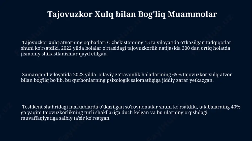 kin bo'lgan harakatlardir. tajovuzkorlikning 2 asosiy turi – jismoniy (masalan, urish, tepish) va og'zaki (masalan, haqorat, tahdid) bo'lib, ularning namoyon bo'lishi shaxsning yoshi, jinsidan va ijtimoiy-iqtisodiy sharoitlaridan qat'iy nazar, 50% hollarda qasos olish maqsadida amalga oshiriladi. tajovuzkor xulq-atvorning belgilari orasida boshqalarga nisbatan beparvolik, qoidalarni buzish, andijon shahri maktablarida o'tkazilgan so'rovnoma natijalariga ko'ra, kamida 10% o'quvchilarda kuzatiladigan agressiv fikrlash uslublari va o'zini himoya qilish uchun zo'ravonlikka murojaat qilish kiradi. tajovuzkor xulqning oldini olish samarqanddagi 2018-yilgi tadqiqotlar shuni ko'rsatdiki, bolalarda tajovuzkor xulqning 35%i oilaviy muhitdagi zo'ravonlik bilan bog'liq. erta aralashuv muhimdir. toshkent shahridagi maktablarda o'tkazilgan 5 yillik dastur, ijtimoiy-emotsional ko'nikmalarni rivojlantirish orqali tajovuzkor xulqni 20% ga kamaytirdi. dastur 1000 dan ortiq o'quvchini qamrab oldi. farg'ona viloyatida amalga oshirilgan yangi strategiya, o'quvchilarning 75% da muloqot ko'nikmalarini yaxshilash orqali, maktabdagi tajovuzkorlik holatlarini sezilarli darajada kamaytirdi. e'tiboringiz uchun rahmat @taqdimot_robot image1.jpg