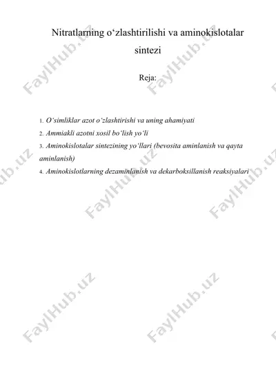 nitratlarning o‘zlashtirilishi va aminokislotalar sintezi — DOCX