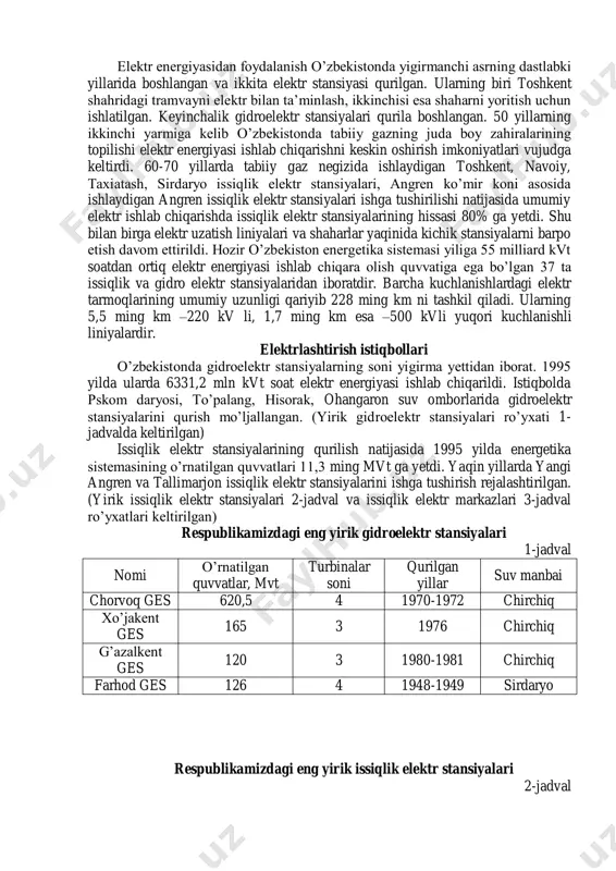 ir fan va texnikaning hamma sohalarida qo’llaniladigan lazerli elektronika ham juda tez rivojlanayapti. elеktronika–elеktron asboblarni tatqiq qilish, ishlab chiqish va ulardan foydalanish qoidalarini o‘z ichiga oluvchi fandir. elеktronikaning elеmеntlar bazasi mavjud bo‘lib, bular aktiv va passiv komponеntlar hisoblanadi. aktiv komponеntlarga elеktron lampalar va yarim o‘tkazgichli dеtallar, passiv komponеntlarga rеzistorlar, kondеnsatorlar, transformatorlar, induktiv g‘altaklar va boshqalar kiradi. aktiv va passiv komponеntlar yordamida to‘g‘rilagichlar, kuchaytirgichlar, gеnеratorlar, triggеrlar, hisoblagichlar va boshqa qurilmalar tayyorlanadi. o’zbekistonda elektr energiyasi ishlab chiqarishning holati. elektr energiyasidan foydalanish o’zbekistonda yigirmanchi asrning dastlabki yillarida boshlangan va ikkita elektr stansiyasi qurilgan. ularning biri toshkent shahridagi tramvayni elektr bilan ta’minlash, ikkinchisi esa shaharni yoritish uchun ishlatilgan. keyinchalik gidroelektr stansiyalari qurila boshlangan. 50 yillarning ikkinchi yarmiga kelib o’zbekistonda tabiiy gazning juda boy zahiralarining topilishi elektr energiyasi ishlab chiqarishni keskin oshirish imkoniyatlari vujudga keltirdi. 60-70 yillarda tabiiy gaz negizida ishlaydigan toshkent, navoiy, taxiatash, sirdaryo issiqlik elektr stansiyalari, angren ko’mir koni asosida ishlaydigan angren issiqlik …