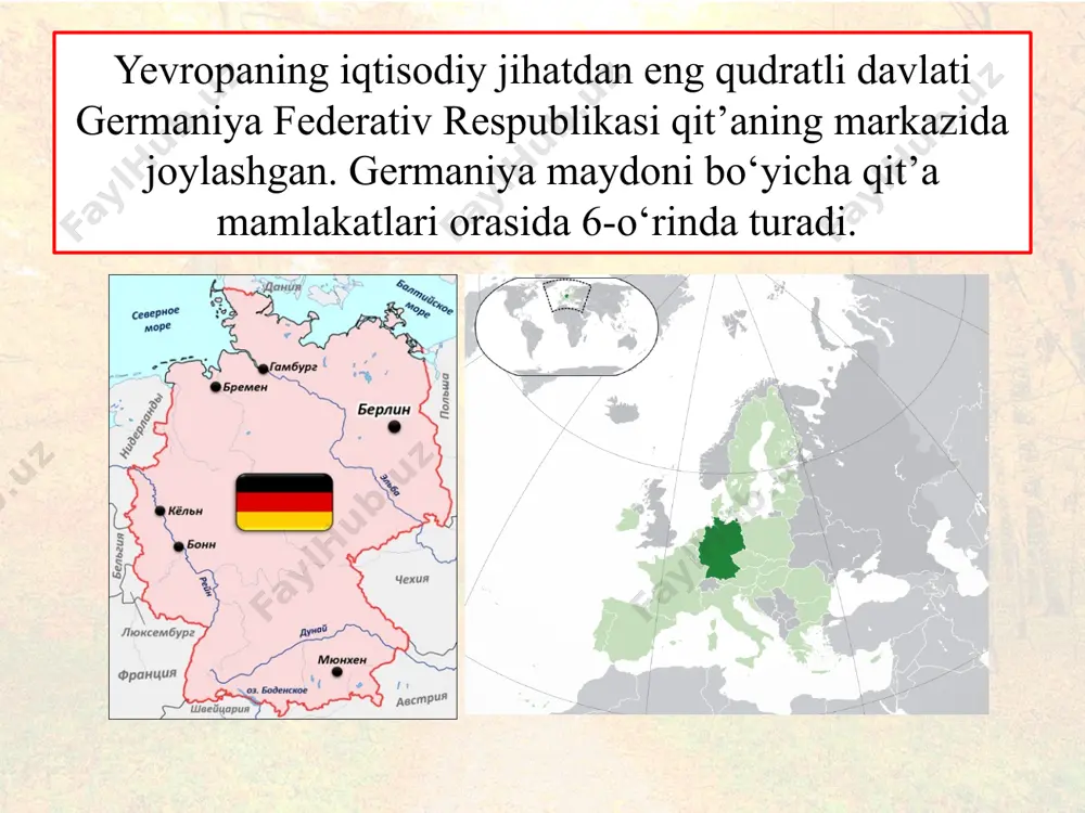 germaniya iqtisodiy geografik o‘rnining qulayligini izohlang. 2. germaniya aholisining tabiiy va migratsion hara- katiga qanday xususiyatlar xos? 3. mamlakatning qishloq xo‘jaligi qaysi tarmoqlarga ixtisoslashgan? 4. frankfurt-mayn shahrining iqtisodiy geografik salohiyati qanday omillar bilan belgilanadi? © foydalanilgan adabiyotlar: a. abduqayyumov, i. safarov, m. tillaboyeva, v. fedorko – geografiya (jahon iqtisodiy-ijtimoiy geografiyasi), umumiy o‘rta ta’lim maktablarining 9- sinf o‘quvchilari uchun darslik, toshkent – “o‘zbekiston” – 2019 atlas (materik va okeanlar geografiyasi), 6-sinf, o‘zbekiston yer resurslari, geodeziya, kartografiya va davlat kadastri qo‘mitasi, toshkent 2020 © internet manbalari: www.wikipedia.org www.britannica.com www.kids.nationalgeographic.com www.tourism.de www.ec.europe.eu www.yaklass.ru www.obrazovaka.ru www.travelask.ru www.orangesmile.com © internet manbalari: www.1zoom.me www.camper-s.ru www.germanculture.com.ua www.immigration-residency.com www.сезоны-года.рф www.pikabu.ru www.dw.com www.fertiglobal.com www.mms-germany-de www.dandc.com.ua © qambarov sirojiddin tomonidan to‘plandi va tartiblandi. xatolari bo‘lishi mumkin, tekshirib ko‘ring. telegram manzil: https://t.me/@geography_method image1.jpeg image2.png image3.jpeg image4.png image5.png image6.png image7.png image8.png image9.jpeg image10.jpeg image11.png image12.jpeg image13.jpeg image14.jpeg image15.png image16.jpeg image17.jpeg image18.png image19.jpeg image20.jpeg image21.jpeg image22.png image23.jpeg image24.jpeg image25.png image26.jpeg image27.jpeg image28.jpeg image29.png …