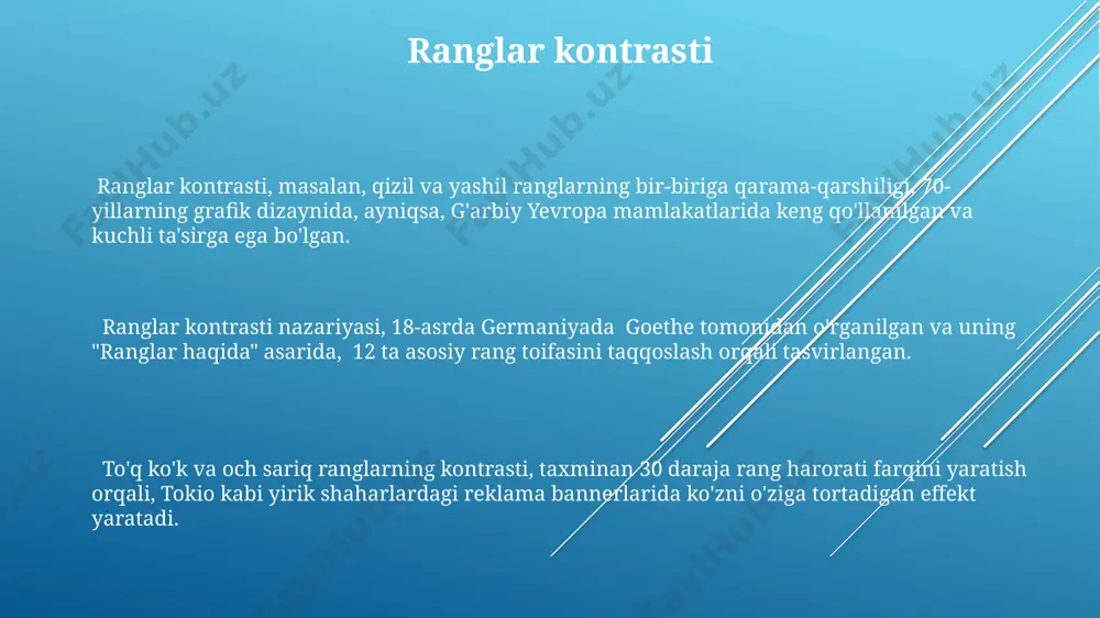 mashhur. global miqyosda, marketingda ko'k rang ishonch va professionallikni, qizil rang esa energiya va hayajonni ifodalaydi; masalan, coca-cola kompaniyasi dunyo bo'ylab qizil rangdan foydalanadi. ranglarning aralashishi ranglarning qo'shilishidan hosil bo'ladigan yangi ranglar soni, masalan, rgb modelining 256 x 256 x 256 = 16 777 216 ta rang variantini hosil qilish imkonini beradi, bu esa raqamli tasviriy san’atda keng qo'llaniladi. rang aralashtirishning subtraktiv usuli, masalan, bo'yoqlarni aralashtirishda, ranglarning yorqinligini pasaytiradi va qora rangga yaqinlashadi. bu jarayon, masalan, toshkentdagi san'at maktablarida ranglarni o'rganishda qo'llaniladi. ranglarni aralashtirishda, 3 ta asosiy rang – qizil, yashil va ko'k (rgb) ning turli nisbatlarda birlashishi, 100 dan ortiq turli xil soyalarni yaratishga imkon beradi, masalan, parijdagi luvr muzeyidagi rasmlarda ko'rish mumkin. ranglar uyg'unligi ranglar uyg'unligini 60 dan ortiq turli kombinatsiyalar orqali ifodalash mumkin, masalan, italiya dizaynerlari tomonidan yaratilgan "triadic" sxemasi yoki 12 rangli "chromatic" g'oyasi kabi. "analogous" ranglar uyg'unligi, masalan, sariq, sariq-yashil va yashil ranglarning kombinatsiyasi, psixologik …