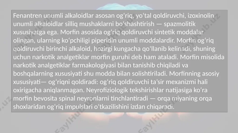 g‘am-g‘ussa, qayg‘u yo‘qoladi, ularning o‘rniga yoqimli hissiyotlar, engillik, beparvolik paydo bo‘ladi. eyforiya morfin qayta va qayta yuborilganda sezilarli bo‘ladi.09:12 husniddin ba’zi bir shaxslarda morfin qarama-qarshi ta’sir ko‘rsatishi mumkin, eyforiya o‘rniga disforiya (grek. dys — inkorlik, phero— o‘tkazish), ya’ni o‘zini yomon sezish, salbiy hissiyotlar paydo bo‘lish holatlari namoyon bo‘ladi. shu bilan birga eshitish, ko‘rish, taktil sezuvchanlik ortib ketadi, butun badanga issiqlik tarqalgandek tuyuladi, o‘ziga xos gallyusinatsiyalar paydo bo‘ladi.09:12 kodein (metilmorfin), dionin (etilmorfin)ning og‘riq qoldirish xususiyatlari morfinga nisbatan 5—7 marta kamroq, ular ko‘proq yo‘tal markazini susaytiradi, yo‘talga qarshi markaziy ta’sir etuvchi modda sifatida qo‘llanadi. dionin oftalmologiyada keng ko‘llaniladi, ko‘zga tomizilganda oldin giperemiya, keyin anesteziya paydo qilib, og‘riqni qoldiradi va yallig‘lanishlarda ekssudatlarni bartaraf qiladi. promedol sintetik modda bo‘lib, og‘riq qoldirish xususiyatiga ko‘ra morfinga yaqinlashib qoladi, nafasni susaytirishi mumkin, spazmogen ta’siri tobelik kamroq hollarda kuzatiladi, shuning uchun promedol bolalar amaliyotida keng qo‘llanadi, hatto bu modda «bolalar analgetigi» deb ataladi.09:12 nonarkotik analgetiklar atsetilsalitsilat kislota, metilsalitsilat, …