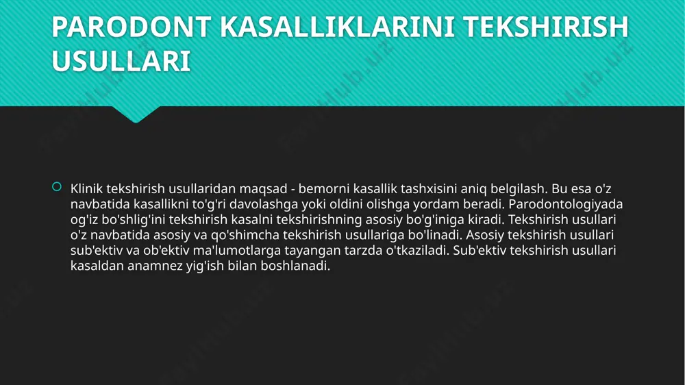 tavsiya etamiz. bu bir tomondan hamma tish guruxlari oxasida suyak to'qimasini o'zgarishlarini aniqlash, ikkinchi tomondan jaroxatlanishni simmetriyaligini aniqlashni imkonini beradi. qimirlashni baxolash. e. e. platonov(1951) bo'yicha parodontni jarohatlanish darajasini aniqlanadi. 1-darajali qimirlash yonidagi qo'shni tishga nisbatan lunj-til (tanglay) yoki lab-til (tanglay) yo'nalishida qimirlash imm dan kam bo'lganda, 2-darajada yuqoridagi yo'nalishlar bo'yicha 1mm dan ko'proq, shuningdek tanglay-distal yo'nalishida qimirlash ham paydo bo'ladi. parodontal indeks (pi). klinik ko'rsatkich yallig'lanish yo’q engil gingivit, yallig'lanish bor, lekin butun tishni o’rab olmagan. gingivit-yallig'lanish butun tishni o'rab olgan, biroqepitelial bog'lam buzilmagan. cho'ntak hosil bo'lishi bilan kechadigan gingivit-epitelialbog'lam buzilgan,parodontal cho'ntak bor, tishni chaynov funkciyasi buzilmagan, tish zararlanmagan. chaynov funkciyasini buzilishi bilan parodontto'qimalaridagi yaqqol destrukciya, tish qimirlaydi, tish o'z joyidan surilishi ham mumkin. ball 0 1 2 6 8 parodont to'qimalarini xolatini papilyar marginal alveolyar (pma) indeksi bilan ham aniqlash mumkin. pma indeksini faqatgina parodontdagi boshlang'ich o'zgarishlarda qo'llanilishi mumkin, shuning uchun uni gingivit indeksi deb ham ataladi.milk so'rg'ichining …