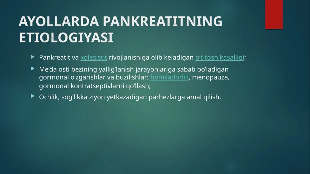 ularning umumiy holatini aniqlash imkonini beradi. pankreatitda instrumental diagnostika usullariga quyidagilar kiradi: qorin bo’shlig’i organlarining ultratovush tekshiruvi (utt); rentgenografik tekshiruv; ezofagogastroduodenoskopiya (egds); endoskopik retrograd xolangiopankreatografiya (erxpg); kompyuterli va magnit-rezonansli tomografiya; laparoskopiya. qay bir usulning tanlanishi alomatlarning ifodalanish darajasi va kasallikning umumiy klinik tasviriga asoslanadi. agar to’qimalarning sezilarli nekrozi mavjudligi aniqlansa, biopsiyali material olish uchun teri orqali punktsiya amalga oshiriladi va material bakteriologik tahlil, nekroz tabiatini aniqlash, infektsion agentning muayyan dori guruhlariga sezgirligini aniqlash uchun ishlatiladi. o’tkir va surunkali pankreatitni davolash pankreatitning o’tkir va surunkali shakllarida davolash usullari klinik simptomatika, pankreatitning og’irlik darajasi, etiologiyasi, hamrohlik qiluvchi kasalliklar mavjudligi, bemorning umumiy salomatligi va yoshiga qarab farq qiladi. o’tkir pankreatitni davolash faqat statsionar sharoitda amalga oshiriladi. o’tkir pankreatitda birinchi ko’rsatma — bir necha kun davomida to’liq ochlik saqlash. jarrohlik statsionarida bo’lish nafaqat parhezni nazorat qilish va tegishli dorilarni buyurish, balki kasallik jiddiy tus olsa va bemorning hayotiga tahdid soladigan bo’lsa, favqulodda yoki rejalashtirilgan …