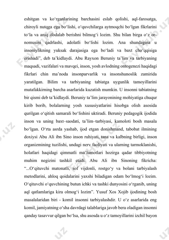 kandari», «tuhfat-ul-axror» va boshqa asarlarida ilm-ma’rifat, ta’lim-tarbiya, kasb-xunar o‘rganish, inson ijobiy fazilatlari haqidagi fikrlari ifodalangan. ta’lim va tarbiya jarayonida tarbiyachi va o‘qituvchi shaxsi eng muhim omil bo‘lganligi tufayli nasriddin tusiy “o‘qituvchilarni tarbiyalash to‘g‘risida” degan asarida shunday ifodalaydi: “o‘qituvchi munozaralarni olib borishni, rad etib bo‘lmaydigan darajada isbot qilishni bilishi, o‘z fikrlarining to‘g‘riligiga ishonishi, nutqi esa mutlaqo toza, jumlalari mantiqiy ifodalanadigan bo‘lishi lozim... o‘qituvchi nutqi hech qachon va hech qaerda zaharxandali, qo‘pol yoki qattiq bo‘lishi mumkin emas. dars paytida o‘qituvchi o‘zini tuta olmasligi ishni buzishi mumkin...”. alisher navoiyning «xazoyin-ul-maoniy», «maxbub-ul-qulub» va boshqa shu singari asarlarida yetuk, barkamol insonning ahloqi, ma’naviyati, o‘zgalarga munosabati, iste’dodi va qobiliyati to‘g‘risida qimmatli mulohaza lar yuritilgan. ana shu psixologik mezonlar ijtimoiy adolatning karor topishi uchun muhim ahamiyatga ega ekani ta’kidlangan. shu bilan birga o‘qituvchi mexnatini xolisona baxolab: “agar shogird podsholikka erishsa ham, unga (muallimga) qulluq qilsa arziydi”, deydiki, bu orqali ta’lim va tarbiya jarayonidagi o‘qituvchi shaxsining markaziy shaxs …
