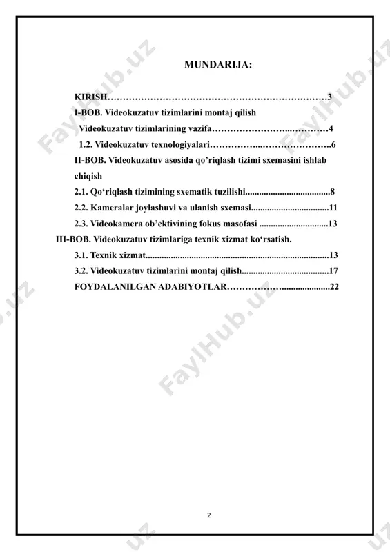 n voqealarni qayd etish, tahlil qilish va xavfsizlik choralarini kuchaytirishga yordam beradi. ularning samarali ishlashi uchun muntazam texnik xizmat ko‘rsatish va tizimni to‘g‘ri montaj qilish muhim hisoblanadi. to‘g‘ri o‘rnatilgan va muntazam tekshiruvdan o‘tgan tizimlar xavfsizlikni ta’minlashda ishonchli vosita bo‘lib xizmat qiladi. ushbu mustaqil ishda videokuzatuv tizimlarining tuzilishi, ularning ishlash tamoyillari, texnik xizmat ko‘rsatish jarayonlari va montaj bosqichlari tahlil qilinadi. ish davomida ushbu tizimlarning afzalliklari, texnik xizmat ko‘rsatish jarayonida e’tibor qaratilishi kerak bo‘lgan asosiy jihatlar va montajning to‘g‘ri amalga oshirilishining ahamiyati yoritib beriladi. i-bob. videokuzatuv tizimlarini montaj qilish 1.1. videokuzatuv tizimlarining vazifalari videokuzatuv tizimlari xavfsizlikni ta’minlash, monitoring olib borish va hodisalarni qayd etish maqsadida keng qo‘llaniladi. ushbu tizimlarning asosiy vazifalari quyidagilardan iborat: xavfsizlikni ta’minlash – videokuzatuv tizimlari turli obyektlar (uylar, ofislar, zavodlar, savdo markazlari va boshqa muassasalar) xavfsizligini ta’minlash uchun ishlatiladi. ular jinoyatchilikning oldini olish va favqulodda vaziyatlarda tezkor choralar ko‘rish imkonini beradi. monitoring va nazorat – tizim orqali real vaqt …