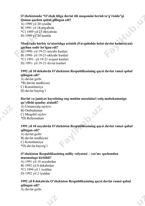 espublikasi, viloyatlar va toshkent shahridan … nafardan, jami … kishi saylanadi. prezident tomonidan tayinlanadigan … nafar elyurtda obro‘-e’tibor qozongan kishilar senatning a’zosi bo‘lishadi. *a) 6, 84, 16 b) 6, 86, 12 c) 16, 86, 18 d) 6, 82, 14 mahalliy hokimiyatning ikki mustaqil organi – vakillik va ijro organlari tizimiga boshchilik qiladi - a) senatorlar *b) hokimlar c) oqsoqollar d) deputatlar o‘zbekiston respublikasida hokimlar vakolat muddati necha yil? a) 2 yil b) 3 yil c) 6 yil *d) 5 yil viloyat va toshkent shahar hokimlarini kim tayinlaydi ? *a) prezident b) kengash deputatlari c) bosh vazir d) senat tuman va shaharlar hokimlarini kim tayinlaydi? a) prezident b) kengash deputatlari c) bosh vazir *d) viloyat hokimi tumanlarga boysunadigan shahar hokimlari kim tomonida tayinlanadi? a) prezident *b) tuman hokimi c) bosh vazir d) viloyat hokimi o‘zbekiston respublikasida saylovlar kim tomonidan tashkil qilinadi? a) prezident tomonidan b) oliy majlis tomonidan *c) markaziy saylov …