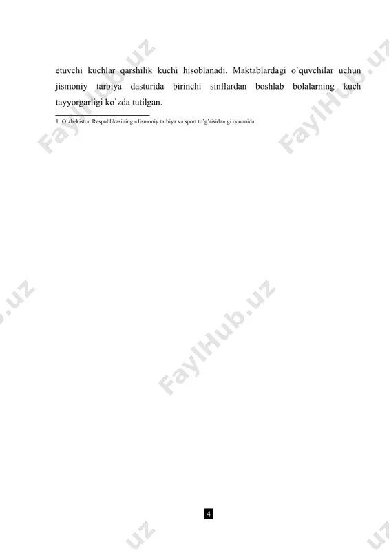 ishda ularning (kuch, tezkorlik, chaqqonlik, chidamlilik va hokazolarning) barchasini o`zaro uzviy bog’lab olib borishni tarbiya jarayoni taqazo qiladi. lekin sportning ma`lum bir turida muayyan fazilat kuchliroq shakllanadi, rivojlanadi va u etakchi harakat sifati tarzida nomoyon bo`ladi. boshqa sifatlar ham nisbatan rivojlanadi, lekin ular yordamchi, ko`makchi harakat sifati tarzida namoyon bo`lishi mumkin. masalan, sport o`yinlaridan basketbolda asosan chaqqonlik sifatini rivojlantiradi deb hisoblansa, tezlik yordamchi sifati tariqasida rivojlanadi. lekin basketbol chidamlilikni ham tarbiyalashda asosiy vositadir. og’ir atletikachilarda kuch jismoniy sifati etakchi fazilat sanaladi. “siltab ko`tarish (rivok)”ni ko`p mashq qilish esa tezkorlikni rivojlantiradi3. amaliyotda bu mashqlar orqali chidamlilik va egilivchanlik ham ko`makchi jismoniy sifat tarzida rivojlanishini guvohimiz. umuman, chaqqonlikni rivojlantirish uchun ko`proq o`yinlardan: voleybol, basketbol, futbol, tennis, stol tennisi, gandbol, xokkey, regbi va boshqalardan foydalanish maqsadga muvofiqdir. chaqqonlikni rivojlantirish esa tez o`zgaruvchan o`yin sharoitiga moslasha bilishni, kuzatuvchanlikni, mo`ljalga to`g’ri olishni, qisqa fursat ichida turli murakkab vaziyatda aniq, to`xtamga kelish, uni his qilish va …