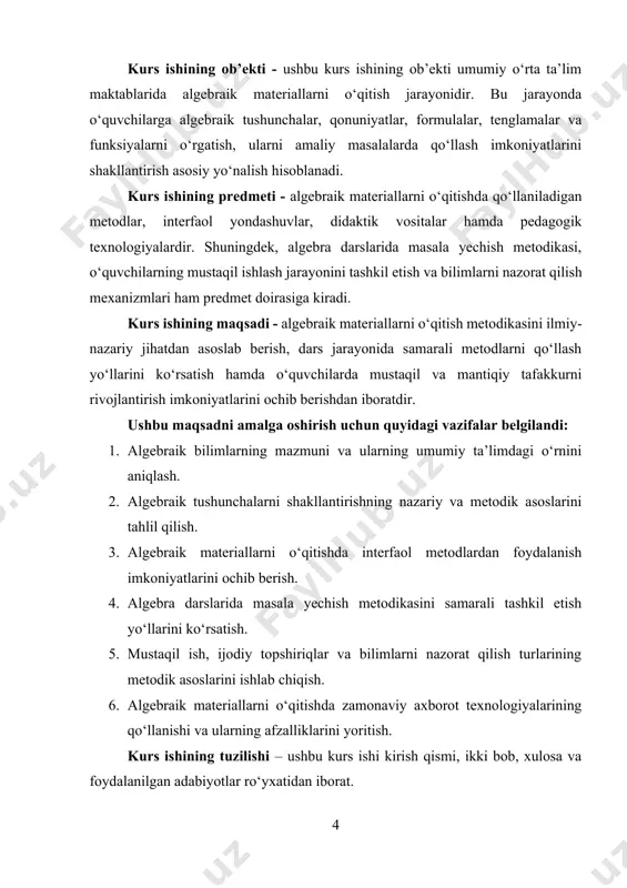 yatlari bilan belgilanadi. masalan, a+b ifodasi ikki son yig‘indisini bildiradi, lekin algebra bu yig‘indini umumiy ko‘rinishda ham ko‘rib chiqadi va bu orqali barcha sonlar uchun amalni ifodalash imkonini beradi. algebraik tushunchalar o‘quvchilarda muayyan bosqichlarda shakllanadi. dastlab ular oddiy sonlar ustida amallarni bajarishni o‘rganadilar. bu bosqichda tushuncha ko‘proq arifmetik mazmunga ega bo‘ladi, ya’ni 2+3=5 yoki 4×7=28 kabi hisoblashlarga asoslanadi. keyingi bosqichda belgilar kiritiladi va ular orqali umumlashtirish amalga oshiriladi. masalan, a+3 ifodasi berilgan bo‘lsa, bunda a o‘rniga turli sonlarni qo‘yish mumkin: agar a=5 bo‘lsa, a+3=8; agar a=10 bo‘lsa, a+3=13. bu jarayon o‘quvchilarda o‘zgaruvchilar tushunchasini shakllantiradi. o‘zgaruvchi algebraik tafakkurning eng muhim elementlaridan biri bo‘lib, keyinchalik tenglama va tengsizliklarni yechishda asosiy rol o‘ynaydi[footnoteref:1]. [1: abdullaeva, m. sh. boshlang‘ich sinf o‘quvchilarida matematik tafakkurni rivojlantirish. – toshkent: fan va texnologiya, 2020. – 136 b.] algebraik tushunchalar shakllanishida tenglik va tengsizliklar ham alohida o‘rin tutadi. masalan, 2x+3=9 tenglamasida noma’lum x qiymatini topish o‘quvchiga belgilar bilan ishlash, …
