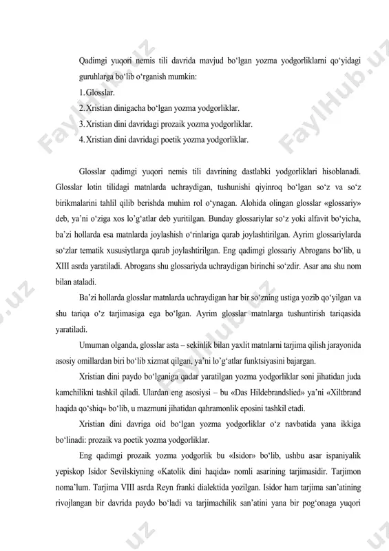 eng qadimgi prozaik yozma yodgorlik bu «isidor» bo‘lib, ushbu asar ispaniyalik yepiskop isidor sevilskiyning «katolik dini haqida» nomli asarining tarjimasidir. tarjimon noma’lum. tarjima viii asrda reyn franki dialektida yozilgan. isidor ham tarjima san’atining rivojlangan bir davrida paydo bo‘ladi va tarjimachilik san’atini yana bir pog‘onaga yuqori ko‘taradi. tarjimon puxta o‘ylangan orfografiydan foydalanadi. lotin tilida uchraydigan murakkab gap strukturasiga ko‘r – ko‘rona ergashmaydi. ix asrning birinchi yarmida yaratilgan asarlardan yana biri - bu «tatian»dir. bu asar syriyalik tatian tomonidan grek tilidan lotin tiliga tarjima qilingan va tarjima jarayonida sharqiy frank dialektidan foydalanilgan. bulardan tashqari qadimgi yuqori nemis tili davrida xristian diniga oid bo‘lgan bir qator prozaik asarlar yaratiladi: viii asrning oxiri va ix asrning boshlarida buyuk karl farmoni bilan «e’tiqod ramziy belgilari», «bizning vatan», «krest shakllari» kabi bir qator diniy asarlar lotin tilidan nemis tiliga tarjima qilinadi. x asrning oxiri va xi asr boshlarida yashab ijod etgan tarjimonlardan biri sifatida «notker der …