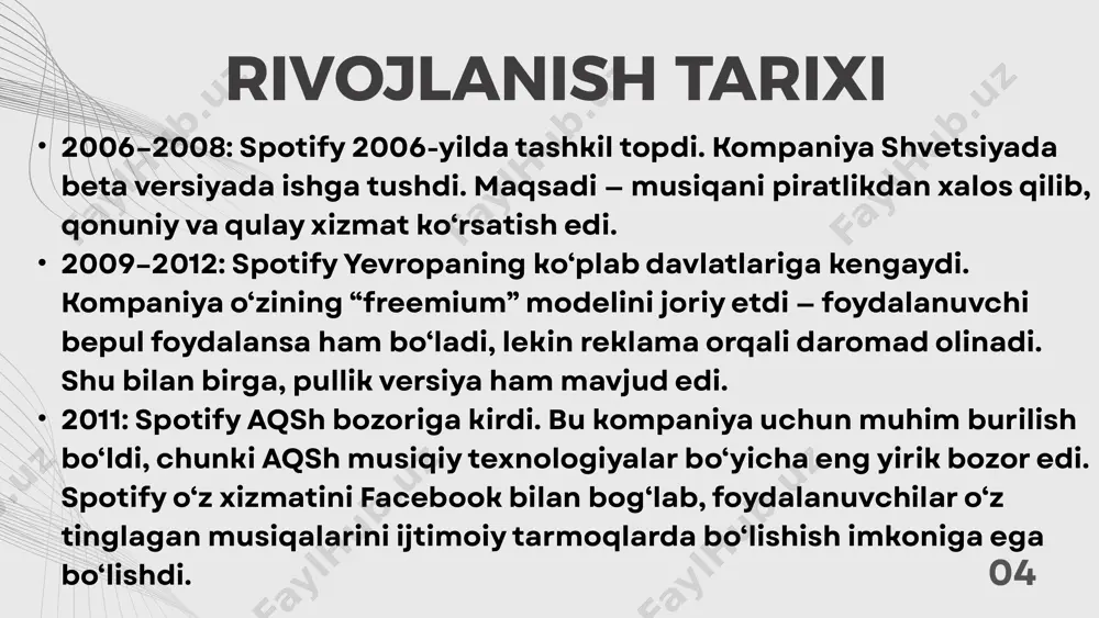 milliard marketing + r&d xarajatlari ~$3 milliard sof foyda (2023) $32 million (birinchi marta) apple music kuchli tomon: iphone/ipad bilan integratsiya. zaif tomon: tavsiya algoritmlari kuchsizroq, bepul versiyasi yo‘q. bozordagi ulushi: 15% amazon music kuchli tomon: prime bilan bepul kirish. zaif tomon: brend musiqada yetakchi emas, foydalanuvchi tajribasi oddiy. bozordagi ulushi: 13% raqobatchilar tahlili youtube music kuchli tomon: video bilan kombinatsiya, remiks va qoplamalar ko‘p. zaif tomon: interfeys chalkash, premium obuna yetarlicha qulay emas. bozordagi ulushi: 8% tidal kuchli tomon: eng yuqori audio sifati, san’atkorlarga to‘liqroq to‘lov. zaif tomon: ommaviy emas, narxi yuqori. bozordagi ulushi: 2% fun facts 1. spotify nomining kelib chiqishi tasodifiy! kompaniya asoschilari daniel ek va martin lorentzon nom tanlashda bir-birlariga so‘z aytishayotganida "spotify" so‘zi tasodifan aytilgan. aslida u noto‘g‘ri eshitilgan so‘z edi, lekin yoqib qolgan va brendga aylantirilgan. 2. har kuni 100,000+ yangi qo‘shiq yuklanadi spotify har kuni 100 mingdan ortiq yangi treklarni platformaga yuklaydi. bu …