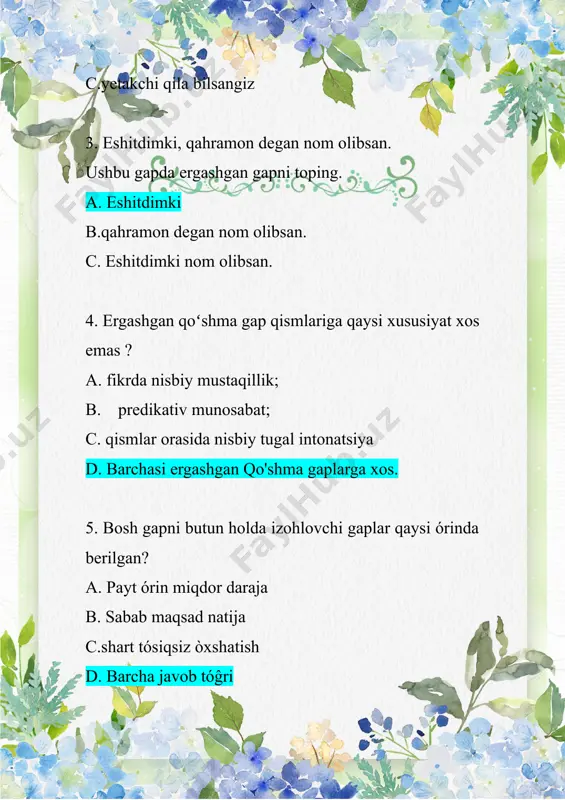 yerda bema’nigarchilik boʻladi 10.tósiqsiz ergashgan qóshma gap berilmagan qatorni toping a.tulki tilmochning asli ismi bozorboy bo’lsa-da, bu ismni ko’plar bilmas edi b. gulning to’ni ming yamoq bo’lsa ham, u – gul c. bu ish andak mehnat talab qilsa hamki, foydasi yo’q d. kim devorning narigi tomonida boʻlsa, u omon qoldi. 11. ergashgan qo‘shma gap nima? a) ikki yoki undan ortiq sodda gaplarning bog‘lovchisiz birikishi b) ikki yoki undan ortiq sodda gaplarning ma’nodosh so‘zlar orqali bog‘lanishi c) bir sodda gapning ikkinchisiga tobe holda bog‘lanishi d) bir sodda gapning ikkinchisidan mustaqil holda kelishi 12. qaysi gap shart ergash gapli qo‘shma gapga misol bo‘ladi? a) agar sen dars qilsang, yaxshi baho olasan. b) u kelmadi, chunki u bemor edi. c) biz uyni ko‘rdik, lekin ichkariga kirmadik. d) men uni ko‘rdim va so‘rashdim 13. “ustoz kechikkanidan, mashg‘ulot boshlanmay qoldi.” ushbu gap qanday ergashgan qo‘shma gap? a) shart ergash gapli b) sabab ergash gapli c) …