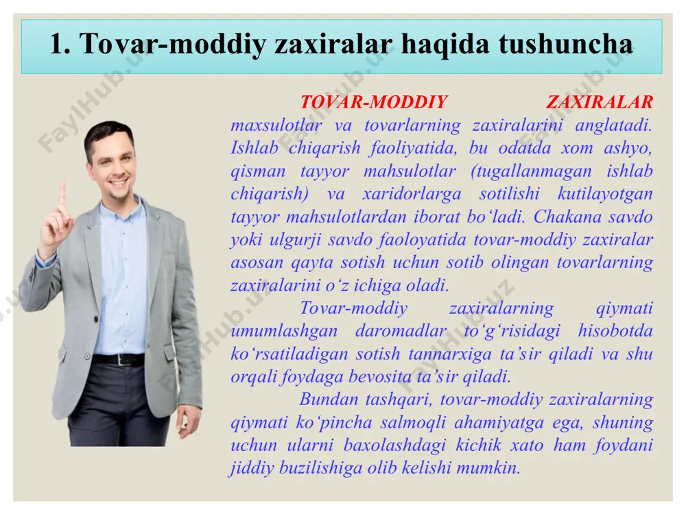 ________________________________________________________________________dan etkazib beruvchining nomi qiymatliklarni ____________________________________________________ bo'yicha olish uchun. * 3. tovar-moddiy zaxiralar hisobini tashkil etish va yuritish tartibi tovar-moddiy zaxiralar hisobini tashkil qilishda ularning tarkibi, holati, harakati, miqdori, xarid qilinishi, qayta baholash tartibi va hokazolarga e'tibor qaratish lozim. hisob ma'lumotlari mahsulot tannarxini pasaytirish imkoniyatlarini qidirib topish, moddiy qiymatliklardan tejamli foydalanish, xarajat me'yorlarini kamaytirish, ularni tegishli holatda saqlash va ularning butligini ta'minlash to‘g‘risidagi axborotlardan iborat bo‘lishi lozim. * tovar-moddiy zaxiralar hisobi quyidagi schyotlarda yuritiladi: 1000 - materiallarni hisobga oluvchi schyotlar; 1100 - o‘stirishdagi va boquvdagi hayvonlarni hisobga oluvchi schyotlar; 1500 - materiallarni tayyorlash va xarid qilishni hisobga oluvchi schyotlar; 1600 - materiallar qiymatidagi farqlarni hisobga oluvchi schyotlar; 2000 - asosiy ishlab chiqarishni hisobga oluvchi schyotlar; 2100 - o‘zida ishlab chiqarilgan yarim tayyor mahsulotlarni hisobga oluvchi schyotlar; 2300 - yordamchi ishlab chiqarishni hisobga oluvchi schyotlar; 2500 - umumishlab chiqarish xarajatlarini hisobga oluvchi schyotlar; 2600 - ishlab chiqarishdagi yaroqsiz mahsulotlarni hisobga oluvchi …