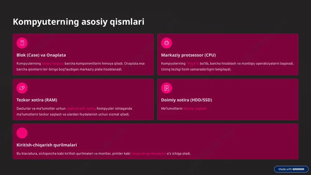 ilar soniga ko'ra bir foydalanuvchili (masalan, eski dos) va ko‘p foydalanuvchili (masalan, linux, windows server) tizimlar mavjud. ko‘p foydalanuvchili tizimlar bir vaqtning o‘zida bir nechta foydalanuvchiga xizmat ko‘rsata oladi. 2 vazifalarni bajarish usuli real vaqt tizimlari (rtos) aniq vaqt cheklovlari bilan vazifalarni bajarish uchun mo‘ljallangan (masalan, sanoat nazorati). oddiy otlar esa umumiy maqsadlarda ishlatiladi. 3 qo'llanish sohasiga ko'ra server otlar (windows server, linux) katta yuklamalarni boshqarish uchun, ish stantsiyalari otlari (windows, macos) esa yakka tartibda ishlash uchun optimallashtirilgan. 4 qurilma turiga ko'ra mobil otlar (android, ios) smartfon va planshetlar uchun, kiritilgan tizimlar otlari (vxworks) esa maxsus qurilmalar (avtomobillar, kir yuvish mashinalari) uchun mo‘ljallangan. 5 mashhur operatsion tizimlar ro‘yxati windows microsoft tomonidan ishlab chiqilgan, dunyodagi eng keng tarqalgan shaxsiy kompyuter ot hisoblanadi. foydalanuvchilar uchun qulay grafik interfeysi bilan mashhur. linux ochiq manbali va bepul operatsion tizim. serverlar, superkompyuterlar va ko‘plab mobil qurilmalarda (android) keng qo‘llaniladi. turli xil distribyutorliklari mavjud (ubuntu, fedora). …