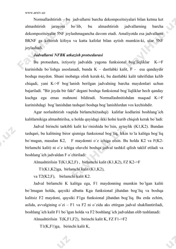 ega bo`lmaydi. loyihalash protsedurasi informatsion tizimlarni loyihalah jarayoni etarlicha murakkab masala . u ma`lumotlarning infomantiqiy modelini tuzishdan, yahni mohiyatni identifikatsiyalash boshlanad. keyin loyihalashning datamantiqiy model protsedurasining quyidagi qadamlarni bajarish kerak bo`ladi. 1.ma`lumotlar bazasi jadvalining (asosiy jadval) har bir bog`liqsiz mohiyatini (sterjen) tasvirlash va bu asosiy (bazaviy) jadval birinchi kalitini spetsifikalash lozim. 2.har bir assotsiyani (“ko`p-ko`pga yoki ko`pdan ko`pga va boshqa ko`rinishdagi aloqalar) asos jadval ko`rinishida tasvirlash kerak . bu jadvalda assotsiya ahzolarini mosligini aniqlash uchun tashqi kalitlarni tadqiq kilish kerak 3.har bir xususiyatni tashqi kalit bilan asosiy jadval sifatida tasvirlash lozim. jadvalning tashqi kalitiga va uning boshlang`ich kalitiga qo`yilgan cheklashlarni spetsifikatsiyalash lozim. 4.avvalgi punktlarda qaralgan har bir belgilanishlarni tashqi kalit bilan asos jadval sifatida tasvirlash lozim. shu turdagi har qanday tashqi kalitlarni cheklashlarni spetsifikatsiyalash lozim. 5.har bir xususiyatni asos jadvaldagi maydon ko`rinishida tasvirlash kerak, qaysiki shu xususiyat bilan aniqlanuvchi mohiyatni ochib beradi. 6.normallashning qandaydir prinsiplarini bevosita buzushning oldini olish maqsadida, …
