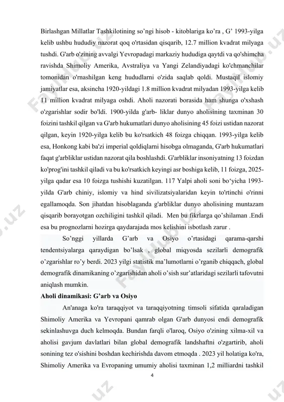 i sezilarli tafovutni aniqlash mumkin. aholi dinamikasi: g’arb va osiyo an'anaga ko'ra taraqqiyot va taraqqiyotning timsoli sifatida qaraladigan shimoliy amerika va yevropani qamrab olgan g'arb dunyosi endi demografik sekinlashuvga duch kelmoqda. bundan farqli o'laroq, osiyo o'zining xilma-xil va aholisi gavjum davlatlari bilan global demografik landshaftni o'zgartirib, aholi sonining tez o'sishini boshdan kechirishda davom etmoqda . 2023 yil holatiga ko'ra, shimoliy amerika va evropaning umumiy aholisi taxminan 1,2 milliardni tashkil qiladi. aksincha, osiyo 4,6 milliarddan oshiq aholiga ega, bu dunyo aholisining 60% dan ortig'ini tashkil qiladi. bu sezilarli raqamli qarama - qarshilik osiyoning global sahnadagi demografik ustunligini namoyish etadi . g'arb aholisi ortib borayotgan o'sishni namoyish etsa-da, osiyoning demografik traektoriyasi mustahkam va barqaror bo'lib qolmoqda. tug'ilishning yuqori ko'rsatkichlari, sog'liqni saqlash sohasidagi yutuqlar va turmush sharoitlarini yaxshilash kabi omillar osiyoda aholi sonining barqaror o'sishiga yordam beradi va mintaqadagi iqtisodiy va ijtimoiy o'zgarishlarni kuchaytiradi. g'arb va osiyo o'rtasidagi demografik tafovut ko'p qirrali ta'sir …