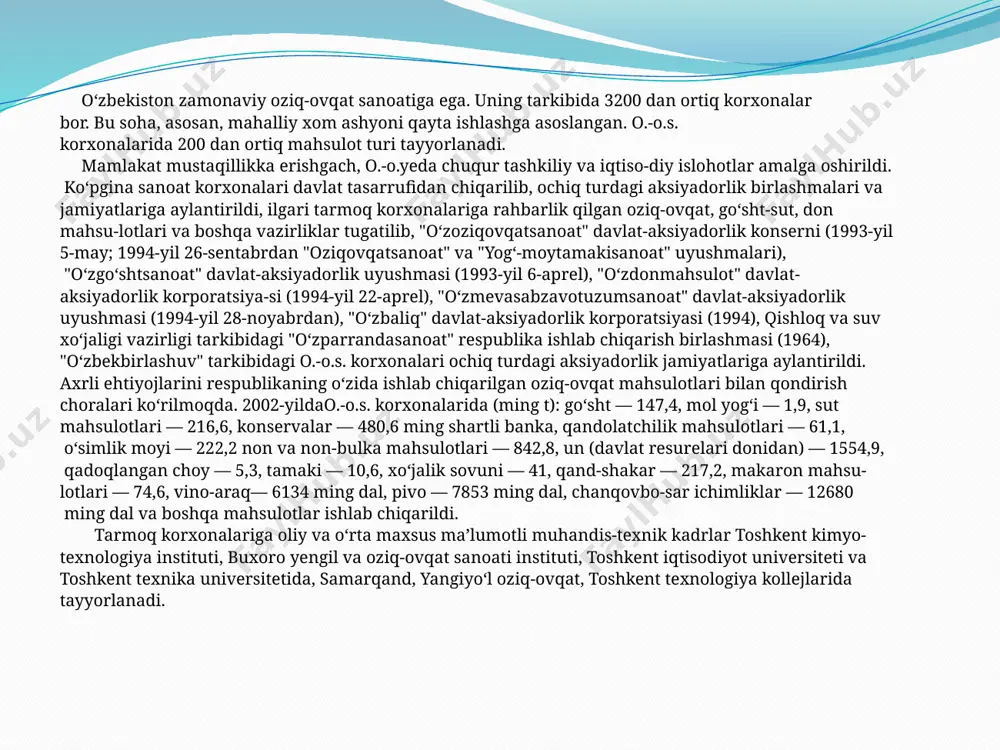 tizimi yo‘lga qo‘yilgan. agar uch yil oldin oziq-ovqat sanoatida yog‘-moy va tamaki tarmoqlari salmoqli ulushni tashkil etgan bo‘lsa, hozirda tarkibiy o‘zgarishlar hisobiga mahsulotlarning 60 foizdan ko‘prog‘ini meva-sabzavotni qayta ishlash, go‘sht-sut, qandolatchilik va boshqa oziq-ovqat mahsulotlari tashkil qiladi. kichik beznes korxonalarida ishlovchilarning o‘rtacha yillik sonini 2 barobarga oshirilganligi ham korxonalar faoliyatini yanada rivojlantirishga imkon berdi. oziq-ovqat uyushmasi tashkil etilgandan buyon o‘tgan 3 yil davomida uyushma korxonalari tomonidan 121 ta loyiha amalga oshirilib, 198,4 mln. dollar investitsiya o‘zlashtirildi. shundan kelib chiqib, 2014 yilda aholining oziq-ovqat mahsulotlari bilan mahalliy ishlab chiqaruvchilar tomonidan ta'minlanish darajasini tahlil etadigan bo‘lsak,go‘sht va go‘sht mahsulotlari 98,6 foiz, sut va sut mahsulotlari 99,8 foiz, foizi, makaron mahsulotlari 95,4 foiz, margarin 77,7 foiz, shakar 92,9 foiz, qandolat mahsulotlari 68,5 foizni tashkil etdi. bugungi kunda respublikada oziq- ovqat xavfsizligi to‘liq ta'minlangan va aholining oziq-ovqat mahsulotlariga bo‘lgan ehtiyojining 90 foizidan ortig‘i mahalliy ishlab chiqarish korxonalari hisobiga ta'minlanmoqda. aholini oziq-ovqat mahsulotlari bilan ta'minlashda …