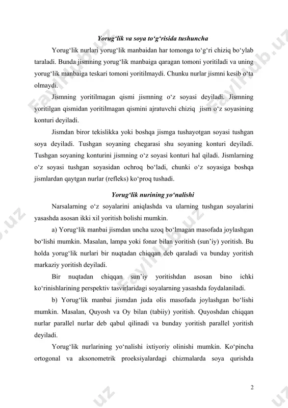 ‘nalishi ixtiyoriy olinishi mumkin. ko‘pincha ortogonal va aksonometrik proeksiyalardagi chizmalarda soya qurishda yorug‘lik nurining yo‘nalishi kubning diagonaliga paralel deb olinadi. bunda kub uch tomoni bilan uchchala proeksiyalar tekisliklariga yopishib turadi. diagonal kubning yuqoridagi chap burchagidan quyi o‘ng burchagiga yo‘naladi. а) b) 1-shakl nuqtadan tushgan soyani yasash nuqtadan tushgan soyani qurish uchun: 1. bu nuqta orqali s yorug‘lik nuriga parallel to‘g‘ri chiziq o‘tkazish kerak. 2. to‘g‘ri chiziq bilan soya tushayotgan sirt yoki tekislikning kesishgan nuqtasini topish kerak. 2-a va b shakllarda ortogonal proeksiyalarda v tekislikka a nuqtadan tushayotgan soyasini qurish ko‘rsatilgan. a nuqtaning soyasini qurish uchun a orqali s(s(, s)ga parallel to‘g‘ri chiziq o‘tkazilgan. ac nuqta a nuqtaning frontal tekislikka tushgan soyasidir, (as) esa a nuqtaning gorizontal tekislikdagi mavhum soyasidir. а) b) 2-shakl quyidagi 3-a va b shakllarda a nuqtaning umumiy holatdagi p tekislikka tushgan soyasini qurish ko‘rsatilgan. masalaning yechimi a nuqta orqali o‘tgan va s (s(, s) ga parallel to‘g‘ri …