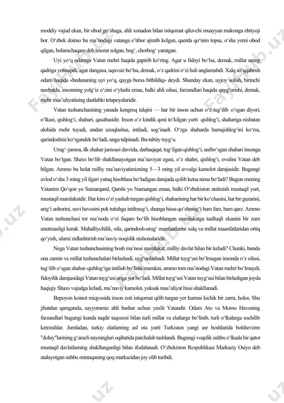 an’analarida vatan deganda kim nimani tushunadi-bir ko‘zdan kechiraylikchi? avvalo, tasavvuf shayxlari — naqshbandiya pirlari nazdida ruh uchun badan — vatan. «safar dar vatan» deydi hazrati bahouddin ustozlar izidan borib. ya’ni inson ruhi badanni, moddiy vujudni tark etmagan holda haq bilan birlashuvi, ko‘ngil ko‘zgusini poklab, unda haq jamoli aks etishiga erishuvi lozim. bu tavhid e’tiqodining bosh talabidir. inson alloh tomonidan moddiy vujud sifatida yaratilgan, uni moddiy ehtiyojlarsiz tasavvur etish mumkin emas. faqat inson o‘z vujudini pok saqlashi kerak. shu nuqtai nazardan tahorat shunchaki rasmiyatchilik emas, balki poklanishning ibtidosi, boshlanishidir. inson o‘z vujudini, undagi har a’zoni pok saqlashga, ehtiyot qilishga haq oldida mas’uldir. ajdodlarimiz bu masalaga alohida e’tibor berishgan. nopok vujudda pok ruhni tasavvur qilib bo‘ladimi? xalqimiz «falonchi vatanli bo‘libdi, o‘ziga bir vatan solibdi» deydi. bu endi vatan so‘zining ikkinchi ma’nosi — turarjoy, obod maskan, har bir inson ahli oilasi bilan panoh topuvchi go‘sha. modomiki, inson moddiy vujud ekan, bir obod go‘shaga, …