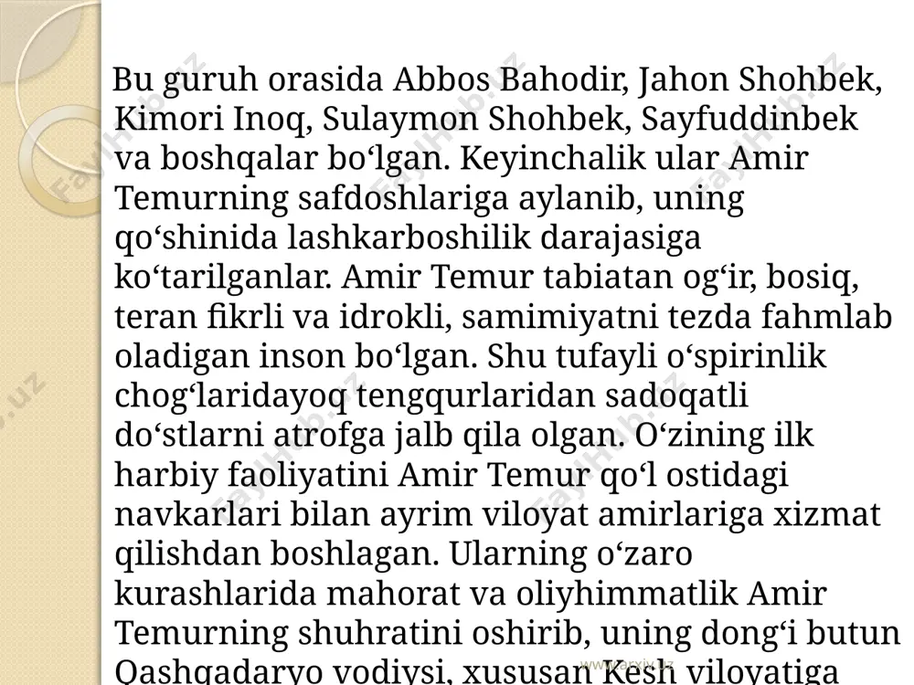 ta harbiy yurish qildi. xorazm 1388-yilda uzil-kesil temur davlatiga qo‘shildi. amir temur movarounnahr va xorazmda tarqoqligiga va o‘zaro nizolarga zarba berib, sirdaryo vohasidan to orol dengizigacha bo‘lgan yerlarda yashovchi xalqlarni yagona davlat tasarrufida birlashtiradi. amir temur davlatiga mog‘iliston davlatining doimiy hujumini bartaraf etish uchun yigirma yil (1371-1390) mobaynida mog‘ulistonga yetti marta yurish qilib, mo‘g‘ul hukmdorlari anqoto‘ra va qamaruddin ustidan g‘alaba qozondi. shu zaylda amir temur movarounnahr va xorazmda hukm surgan tarqoqlikka, o‘zaro nizo va mo‘g‘uliston tomonidan bo‘lib turgan tazyiqqa chek qo‘ydi. sohibqiron bu bilan qanoatlanmay, qo‘shni davlatlar ustiga yurish qilib, ularni o‘ziga bo‘ysundirish va markazlashgan buyuk saltanat barpo etishni o‘z oldiga maqsad qilib qo‘ydi. sohibqiron harbiy yurishni xurosondan boshlaydi. 1381-yili amir temur hirotni egallaydi. saraxs, jom va qavsiya shaharlari jangsiz taslim bo‘ladi. 1381-1384-yillar davomida eronning katta qismi bo‘ysundiriladi. avval (1381) kalot, turshiz va sabzavor, keyin (1383) seistonning zireh, zova, farah va bust qal`alari, 1384-yilda esa astrobod viloyati va ozarbayjonning omul, …