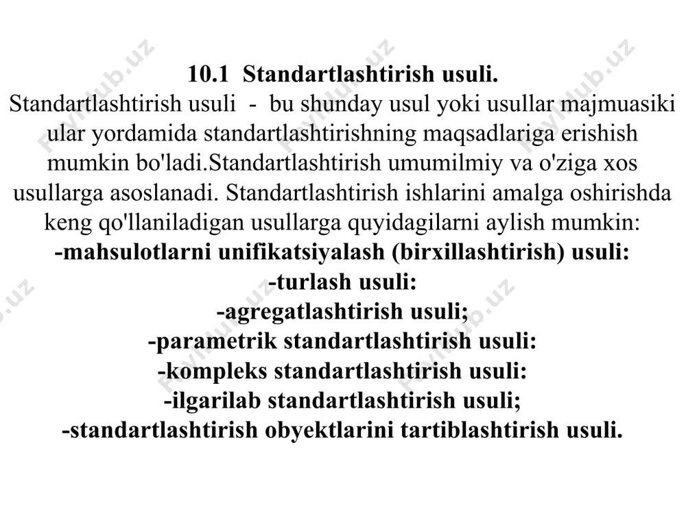darajasi to'rt o'lchamlar miqyosidagi qo'llanish koeffitsiyenti asosida aniqlanishi mumkin: kt =100(n - n0)/n bu yerda: n-to‘rt o'lchamli buyumlarning umumiy soni; no- tanlangan to‘rt o'lchamlar soni. quyidagilar birxillashtirish obyektlari sifatida qaraladi: -o'zaro almashinadigan va odatda, bir xil vazifani bajaradigan detallar; -ishchi parametrlari, gabarit o'lchamlari va eksplutatsion kо'rsatkichlari (quvvati, ish unumi va h.k) bir-biridan bir oz farqlanadigan, xarakteri jihatdan bir-biriga yaqin ishlarni bajaradigan agregatlar (uzellar, yig'ma birliklar modullar, moslanuvchan ishlab chiqarish modullari); -bir xil maqsadga mo‘ljallangan va xarakteri jihatdan bir-biriga yaqin operatsiyalarni yoki jarayonlarni bajaradigan, ya’ni o‘xshash (qisman yoki butunlay o'xshash) konstruktiv sxemaga ega bo'lgan (yoki ega bo'lishi mumkin bo’lgan) va bunda ishchi parametrlari, gabarit o'lchamlari va ishlash sharoitlari juda oz farqlanadigan uncha ko‘p bo'lmagan agregatlar va uzellardan tuzilgan mashinalar; - texnologiya. turlash usuli. turlash-standartlashtirishning bir ко’rinishi bo’lib,o’z ichiga ilg‘or usullar va ish tartiblari asosida ishlab chiqarishda turli masalalar (texnologik, tashkiliy, loyihaviy va bosh.) ning yechimlarni amq qamrab oladi.loyihalarga muvofiq holda turlash …