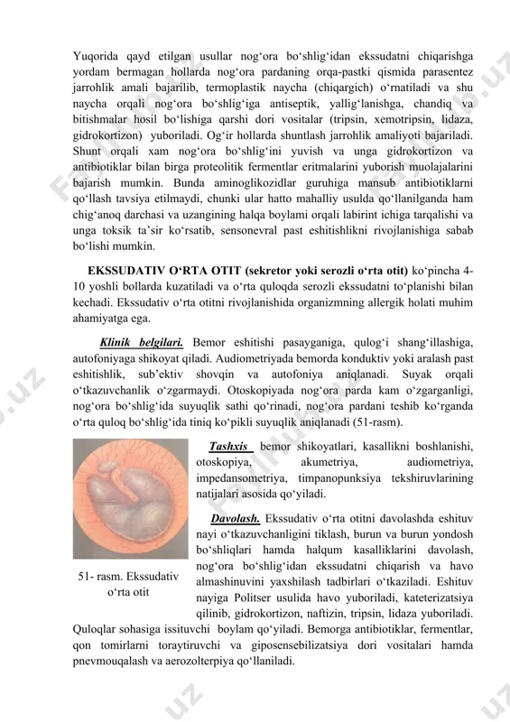 va suyak orqali eshitish qobiliyati shuncha yomonlashadi. eshituv nayi o‘tkazuvchanligi buzilishining i darajasida otoskopiyada nog‘ora parda kam o‘zgarganligi, ba’zan nog‘ora bo‘shlig‘ida suyuqlik sathi qo‘rinishi mumkin, nog‘ora pardani teshib ko‘rganda nog‘ora bo‘shlig‘ida tiniq ko‘pikli suyuqlik borligi aniqlanadi; ii darajasida – nog‘ora parda biroz xiralashganligi, ko‘kimtirligi, biroz ichkariga tortilganligi va harakati keskin cheklanganligi aniqlanadi, teshib ko‘rganda nog‘ora bo‘shlig‘idagi ajralmani so‘rib olish imkoni yo‘qligi (gel) aniqlanadi; buzilishning iii darajasida – nog‘ora parda xira, oqish rangda ekanligi, nog‘ora bo‘shlig‘i ichiga keskin tortilganligi va uning ichki devori va eshituv suyakchalari bilan birikib ketganligi tufayli harakatsiz ekanligi aniqlanadi. eshituv nayi kateterizatsiya qilinganda uning o‘tkazuvchanligi keskin pasayganligi (iii darajasi) yoki yo‘qotilganligi aniqlanadi. tashxis bemor shikoyatlari, otoskopiya, mikrootoskopiya, rinoskopiya, orqa rinoskopiya, faringoskopiya, akumetriya, audiometriya, impedansometriya, timpanopunksiya va klinik tekshiruvlar natijalari asosida qo‘yiladi. surunkali tubootit tashxisini aniqlashda impedansometriya tekshiruv usuli qimmatli ma’lumotlar olishga yordam beradi. bunda akustik refleks bo‘sag‘asini keskin oshishi, timpanometriya chizig‘ining o‘zgarishi aniqlanadi. davolash eshituv nayining havoni …