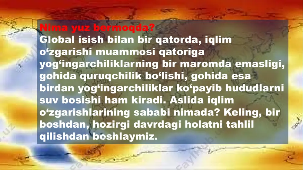 shtirish kerak, degan fikrda. oʻzbekistonning tuproq resurslari tuproq resurslari. oʻzbekiston yer fondidan qishloq xoʻjaligida turli-tuman maqsadlarda foydalaniladi. respublika ummumiy quruqlik maydoni (qariyb 40 mln.ga) ning 5-6 mln.ga dexqonchilikda foydalaniladi. bu maydon sugʻoriladigan va lalmikor yerlardan iborat. qolgan yerlar, asosan, yaylov va qisman togʻ oʻrmonzorlari bilan band. sugʻoriladigan yerlar 4,2 mln. gad an iborat, shunday 1,6 mln.ga choʻl zonasida, qolgan qismi boʻz tuproqli mintaqada. avtomorf tuproqli maydonlar yirik daryolarning oʻzlashtirilgan vodiy va delʼtalari, shuningdek, togʻ etagidagi tekisliklar (mas., mirzachoʻl) dan iborat. sugʻorish natijasida bu yerlarda grunt suvlari koʻtarilgan. sugʻoriladigan tuproqlar maydoning yarmidan koʻprogʻi (2,4 mln.ga) shoʻrlangan va shoʻrlanishga moyil, shu sababdan shoʻrini muntazam yuvib turish va b. tadbirlarni koʻrish zarurati mavjud. choʻl zonasi tekisliklaridagi (mirzachoʻl, qisman qarshi choʻli) boʻz tuproqlar sirasiga mansub. sugʻoriladigan tuproqlarning aksar qismi mexanik tarkibiga koʻra oʻrta va yengil qumoqli tuproqlardan iborat. soz va ogʻir qumoqli mexanik tarkibli tuproqlar esa 22 % dan koʻproqni tashkil etadi. sugʻoriladigan tuproqlar …
