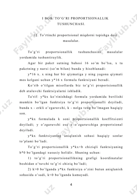 roportsional bo’lishga doir masalalar. bolalar oldin va boshqalardan ko’proq uchratadigan masala turi to’rtinchi proporsional miqdorni topishga doir masalalar. bu xildagi masalaga uchta bogliq kataliklar kiradi. masalan: 1) bahosi qancha turishi va miqdori; 2) tezlik o’tilgan yo’l va harakat vaqti, ish, ish vaqti va tayyorlangan detallar miqdori. bunda bitta katalik uchun ikkita qiyma tberiladi (m: miqdor; bir marta 6 ta 2-marta 12 ta daftar sotib olgan); ikkinchi bir kattalik uchun bitta qiymat berilgan, ikkinchisini topish kerak (m: xaridning qiymati 12 tiyin, 2-marta qancha to’lashgan?); 3-kattalikning qiymatlari berilmaydi, ammo ularbir xil ekani aytiladi bizning misolda daftarlarning bahosi ko’rsatilgan, ammo ular bir xil. shunday qilib masalaga 3 ta kattalikning 3 ta qiymati kiritiladi: masalan: "sovxozda hosil yigish oldida har 10 ta kombayinga 16 kombayinchi tayorlandi. agar hosil yigishda 40 ta kombayin ishlayotgan bo’lsa, sovxo’zda hammasi bo’lib nechta kombayinchi tayorlangan ?" bu masala shartini har bir kombayinni doiracha bilan tasvirlangan rasm bilan ko’rsatish foydali …
