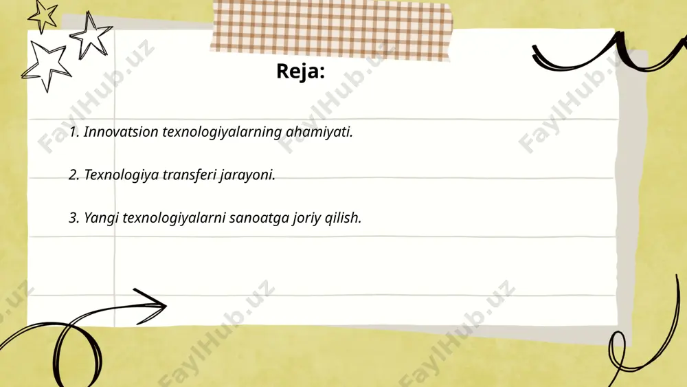 gini oshirish, xarajatlarni kamaytirish va sifatni yaxshilashda muhim rol o'ynaydi. uzbekistan respublikasida 2020-2022 yillarda sanoat sohasida raqamli texnologiyalarni joriy qilish imkoniyatlarini oshirish dasturi orqali 200 dan ortiq korxonada avtomatlashtirilgan tizimlar o'rnatildi. natijada, ishlab chiqarish hajmi 15% ga oshdi va xarajatlar 10% ga qisqardi. shuningdek, elektron sanoat platformalari orqali eksport hajmi 7% ga ko'tarildi. innovatsion yechimlar yordamida energetik samaradorlik 12% ga oshdi va ekologik ta'sir 5% ga kamaytirildi. kelajakda bu jarayonlarni davom ettirish rejalashtirilgan. ... t.me/slaydai_bot 4. intellektual mulk va innovatsiyalar. intellektual mulkni va innovatsiyalarni rivojlantirish har bir mamlakat uchun muhimdir. o‘zbekiston intellektual mulk sohasida bir qancha yutuqlarga erishgan. 2022 yilda o‘zbekiston intellektual mulkni himoyalash bo‘yicha 30 mingdan ortiq ariza olgan. shuningdek, o‘zbekiston innovatsion rivojlanish vazirligi orqali startap va texnologik rivojlanishni qo‘llab-quvvatlashga 100 milliard so‘mdan ortiq mablag‘ ajratdi. ma’lumotlarga ko‘ra, so‘nggi yillarda innovatsion loyiha soni 20% ga oshgan. 2023 yilda esa o‘zbekistonda 300 dan ziyod yangi patentlar ro‘yxatga olingan. bu raqamlar …