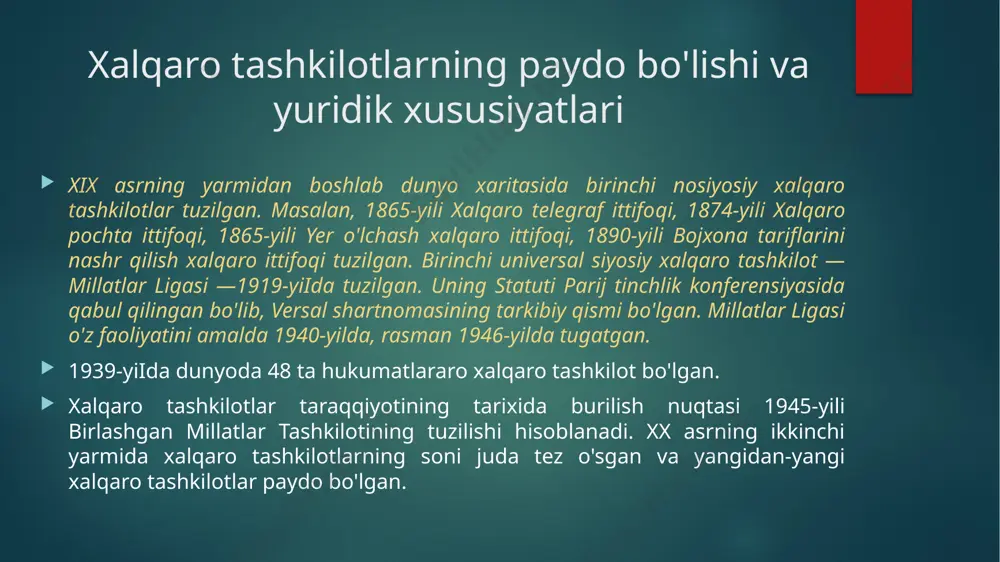 tashkilotlarning qarorlari tavsiyaviy xususiyatga ega; 8. xalqaro tashkilotlar hudud va aholiga ega emas; 9. xalqaro tashkilotlar bmt xalqaro sudida tomonlar bo'la olmaydi va ularning vakilligi doimo bir tomonlama bo'ladi; 10. xalqaro tashkilotlar va ularning mansabdor shaxslari diplomatik imtiyoz va immunitetga egadirlar; 11. xalqaro tashkilotlarda ularning a’zolarini doimiy vakillari bo'ladi (bmt, yunesko huzurida); 12. xalqaro tashkilotlar xalqaro shartnomalar tuzish huquqiga ega; 13. xalqaro tashkilotlar xalqaro-huquqiy javobgarlikning subyekti bo'la oladi. xalqaro tashkilot vazifalari deganda, ushbu tashkilotlar zimmasiga yuklatilgan yumushlarni bajarish bo’yicha ular faoliyati jarayonlarining tashqi jihatdan namoyon bo’lishi anglanadi (masalan, tartibga solish, nazorat qilish va boshqalar). bunda tashkilot faqat o’z vakolatiga kiradigan vazifalar yuzasidan faoliyatini amalga oshirish huquqiga egadir. xalqaro tashkilot muayyan muassis — davlatlar zimmasiga yuklaydigan hamda ta’sis hujjatida qayd etiladigan vakolatlar doirasida aniq maqsad va vazifalami bajarish uchun tuziladi. xalqaro tashkilot vazifalari deganda, ushbu tashkilotlar zimmasiga yuklatilgan yumushlarni bajarish bo’yicha ular faoliyati jarayonlarining tashqi jihatdan namoyon bo’lishi anglanadi (masalan, tartibga …