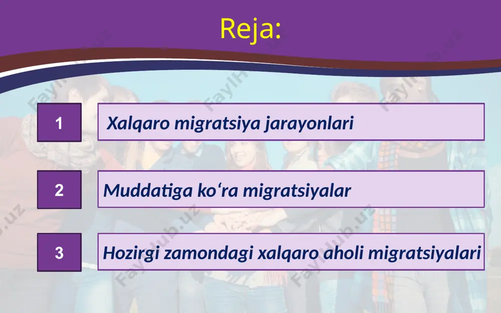 xalqaro aholi migratsiyalariga qator xususiyatlar va muammoli jihatlar xos. eng ahamiyatlisi shundaki, migratsiya jarayonlari bugungi kunga kelib chindan ham globallashdi, deyarli barcha mintaqa va mamlakatlarni o‘z doirasi bilan qamrab oldi. xalqaro migratsiya oqimlari immigratsiya markaziga aylangan davlatlar aholisining tarkibi va harakatiga, jamiyatdagi etnik va konfessional (diniy) xilma-xillikka, millatlararo va dinlararo munosabatlarga sezilarli darajada ta’sir o‘tkazmoqda. zamonaviy migratsiyaning yana bir muhim jihati shundan iboratki, xalqaro migrantlarning sifat tarkibi (masalan, ta’lim darajasi nuqtayi nazaridan) o‘zgarib bormoqda, davlatlararo migratsiya oqimlarida yuqori malakali mutaxassislarning ishtiroki faollashmoqda. bu vaziyat immigratsiya markazlari bo‘lmish rivojlangan davlatlar uchun ijobiy ahamiyat kasb etsa, emigratsiya o‘choqlari – rivojlanayotgan va o‘tish iqtisodiyotidagi davlatlar uchun esa buning aksi, ya’ni salbiy holat hisoblanadi. image2.jpg image3.jpeg image4.jpeg image5.jpeg image6.jpeg image7.jpeg image8.jpeg image9.jpeg image10.jpeg image11.jpeg image12.png image13.jpeg image14.jpeg image15.jpeg image16.jpeg image17.jpeg image1.jpg