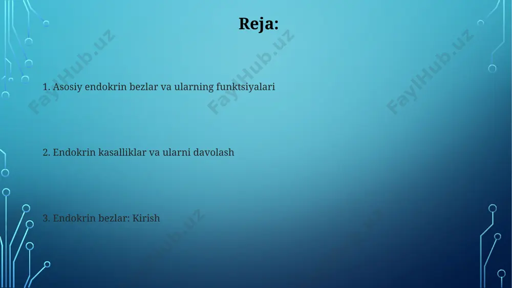 xil gormon ishlab chiqaradi. oshqozon osti bezi: qondagi qand miqdorini nazorat qilish oshqozon osti bezi, insulin gormonini ishlab chiqarib, qondagi qand miqdorini kamaytiradi. beta hujayralari tomonidan ishlab chiqarilgan insulin, glyukozani hujayralarga o'tkazib, qand darajasini 70-100 mg/dl atrofida ushlab turadi. oshqozon osti bezi, glyukagon gormonini ham ishlab chiqaradi, bu gormon qonda qand miqdori 70 mg/dl dan pastga tushganda jigar glykogenini glyukozaga aylantirib, qand miqdorini oshiradi. alfa hujayralari bu jarayonda muhim rol o'ynaydi. jinsiy bezlar: reproduktiv funktsiyalar ayollarda tuxumdonlar estrogen va progesteron ishlab chiqaradi. estrogen hayz davrining birinchi yarmini boshqaradi, progesteron esa homiladorlikni qo'llab-quvvatlaydi. bu gormonlar, shuningdek, ikkilamchi jinsiy belgilarning rivojlanishiga ta'sir ko'rsatadi. jinsiy gormonlar nafaqat reproduktiv organlarga, balki suyak zichligi, mushak massasi va miya faoliyatiga ham ta'sir qiladi. masalan, testosteronning yetishmasligi erkaklarda suyak zichligining 10-15% kamayishiga olib kelishi mumkin. e'tiboringiz uchun rahmat @taqdimot_robot image3.jpg image4.jpg image5.jpg image6.jpg image7.jpg image8.jpg image9.jpg image2.png