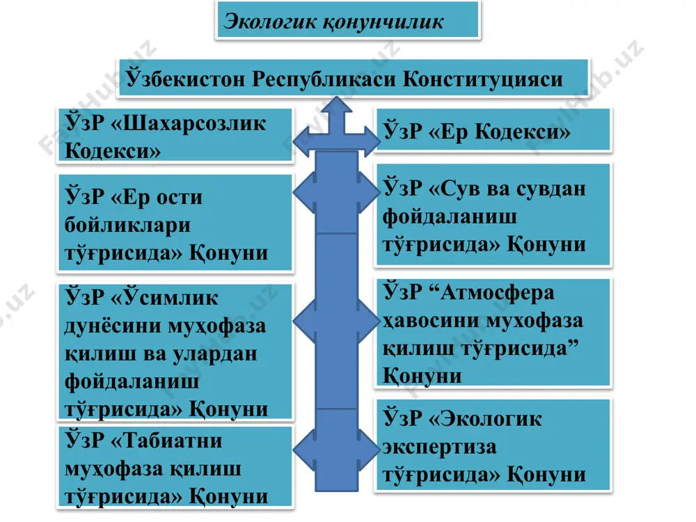 табиатни муҳофаза қилиш мақсадларига эришиш табиатни муҳофаза қилиш мақсадларига эришиш учун давлат ҳокимияти маҳаллий идоралари, вазирликлар ва идоралар, корхоналар, муассасалар, ташкилотлар, фермерлик ва кооператив хўжаликлар, шунингдек айрим шахслар хўжалик, бошқарув ҳамда бошқа фаолиятни амалга ошириш жараёнида қуйидаги қоидаларга амал қилишлари керак: табиатдан махсус фойдаланганлик учун ҳақ тўлаш ва умумий асосларда фойдаланганлик учун ҳақ тўламаслик; экология экспертизаси ўтказишнинг мажбурийлиги; табиатдан оқилона фойдаланишни ва табиатни муҳофаза қилишни рағбатлантириш; табиий ресурсларни тиклаш зарурлиги, атроф табиий муҳит ва инсон сиҳат-саломатлиги учун зарарли, тиклаб бўлмас оқибатларга йўл қўймаслик; табиатни муҳофаза қилиш вазифаларини ҳал этишда ошкоралик; табиатни муҳофаза қилиш соҳасида миллий, регионал ва халқаро манфаатларни уйғунлаштириш; табиатни муҳофаза қилиш қонунлари талабларини бузганлик учун жавобгар бўлиш. ўзбекистон республикасининг қонуни «сув ва сувдан фойдаланиш тўғрисида» сувнинг ҳолатига таъсир этувчи корхоналар, иншоотлар ва бошқа объектларни жойлаштириш, лойиҳалаш, қуриш ва ишга тушириш шартлари сувнинг ҳолатига таъсир ўтказадиган янги ва таъмирланган корхоналар, иншоотлар ва бошқа объектларни жойлаштириш, лойиҳалаш, қуриш ҳамда ишга …