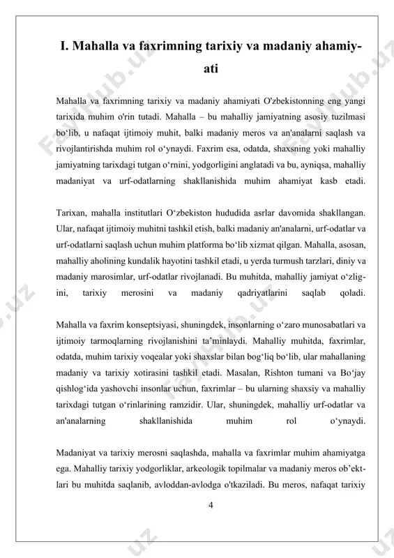 vositadir. mahalla va faxrimlar, mahalliy jamiyatlarning o‘zligini, tarixiy an'analarni va madaniy qadriyatlarni saqlash va rivojlantirishda hal qiluvchi rol o‘ynaydi, bu esa milliy identitet va madaniyatni mustahkamlash uchun muhim ahamiyatga ega. ii. mahalla rivojlanishi va ijtimoiy o'zgarishlar tahlili mahalla rivojlanishi va ijtimoiy o'zgarishlar tahlili rishton tumani, boʻjay qishlogʻi hamda umumiy ravishda mahalla institutining tarixiy va zamonaviy rivojlanish jarayonlarini chuqur o'rganishni talab qiladi. mahalla — bu mahalliy jamiyatning asosiy tuzilmasi bo'lib, u mahalliy ijtimoiy muhit, madaniy an'ana va urf-odatlarning yoniq shakli hisoblanadi. bu institut, nafaqat, ijtimoiy muvofiqlik va xavfsizlikni ta’minlaydi, balki mahalliy aholining o'ziga xosligini, tarixiy merosini va madaniy qadriyatlarini asrashda muhim rol o'ynaydi. mahalla rivojlanishining tarixiy bosqichlarini ko'rib chiqadigan bo'lsak, avvalo, uning qishloq xo'jaligi, urf-odatlar va an'analar bilan chambarchas bog'liqligini ko'rish mumkin. o'zbekistonning mustaqillikka erishishidan oldin, mahalla instituti odatda fermerlik, hunarmandchilik va savdo bilan shug'ullanuvchi kichik jamoalar asosida shakllangan. bu davrda mahallalar, shuningdek, mahalliy avlodlar va urf-odatlarni avaylashda muhim bo'lib xizmat …