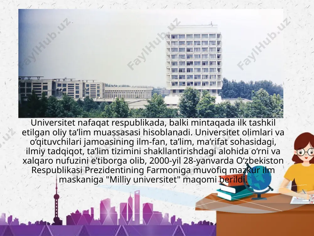 ing 2005-yil 29-iyuldagi 178-sonli qarori bilan bekor qilingan birinchi va ikkinchi toshkent davlat tibbiyot institutlari bazasida tashkil qilingan. toshkent tibbiyot akademiyasi o‘zbekiston respublikasi vazirlar mahkamasining davlat test markazi tomonidan 2008-yilning 31-martida berilgan 8-sonli sertifikatiga asosan oliy ta’lim muassasasi maqomiga ega. toshkent tibbiyot akademiyasi termiz davlat universiteti 1954 yilda marg‘ilon o‘qituvchilar instituti surxondaryo viloyati markazi termiz shahriga ko‘chirilgan, hamda termiz o‘qituvchilar instituti deb nomlangan. termiz o‘qituvchilar instituti 1954-1955 o‘quv yilida 4 ta, ya’ni o‘zbek tili va adabiyoti, rus tili va adabiyoti, fizika va matematika, tabiatshunoslik va kimyo bo‘limlari bilan ish boshlagan. bu o‘quv yurtini ilk bor 187 nafar talaba bitirgan. termiz o‘qituvchilar instituti 1956-1957 o‘quv yilining boshida termiz davlat pedagogika instituti nomini olgan. natijada mamlakatimizning janubiy qismida xalq ma’orifi uchun yetuk malakali kadrlar tayyorlaydigan yagona oliy o‘quv yurti paydo bo‘ldi. 1960-1964 yillarda surxondaryo va qashqadaryo viloyatlari birlashtirilishi natijasida termiz davlat pedagogika instituti qarshi shahriga ko‘chirildi. 1965-1966 o‘quv yilida qayta tiklangan termiz …
