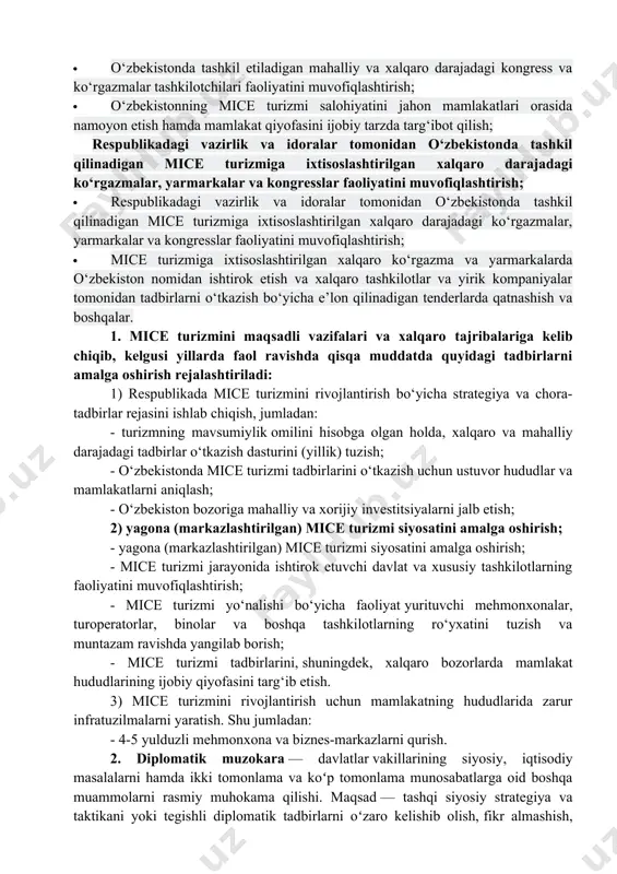 irlarini amalga oshirish uchun umumiy xarajatlar hajmini; marketing tadqiqotlari xarajatlari; bozorni rivojlantirish bashoratini tuzish xarajatlari; firmaning shaxsiy ishlab chiqarish-sotish imkoniyatlarini o‘rganish uchun xarajatlar; marketing dasturini tuzish uchun xarajatlar; kompaniyaning marketing bo‘limi xodimlari ish haqi uchun xarajatlar; maxsus marketing va reklama tashkilotlari xizmatlari uchun xaq to‘lash xarajatlari; savdo vositachilari xizmatlariga xaq to‘lash xarajatlari; ushbu marketing dasturini avvaldan va yakuniy samaradorligini baholash uchun xarajatlar; marketing dasturini olib borishda nazoratni amalga oshirish uchun xarajatlar va monitoring; marketing dasturini amalga oshirish davrida joriy o‘zgartirishlarni kiritish uchun xarajatlar va hokazolar. 3. ommaviy tadbirlarni tashkil etish rejasi normativ-huquqiy hujjatlar loyihalari muhokamasi portalida “o‘zbekistonda mice turizmini rivojlantirish bo‘yicha qo‘shimcha chora-tadbirlar to‘g‘risida”gi prezident qarori loyihasi joylashtiriladi. - normativ-huquqiy hujjatlar loyihalari muhokamasi portalida “o‘zbekistonda mice turizmini rivojlantirish bo‘yicha qo‘shimcha chora-tadbirlar to‘g‘risida”gi prezident qarori loyihasi joylashtiriladi. - hujjat bilan “2023-2025 yillarda o‘zbekistonda konferensiya, forum, kongress, ko‘rgazma, seminar va anjumanlar (mice) turizmini rivojlantirish bo‘yicha konsepsiya” tasdiqlanadi. markazning asosiy vazifalari etib quyidagilar …