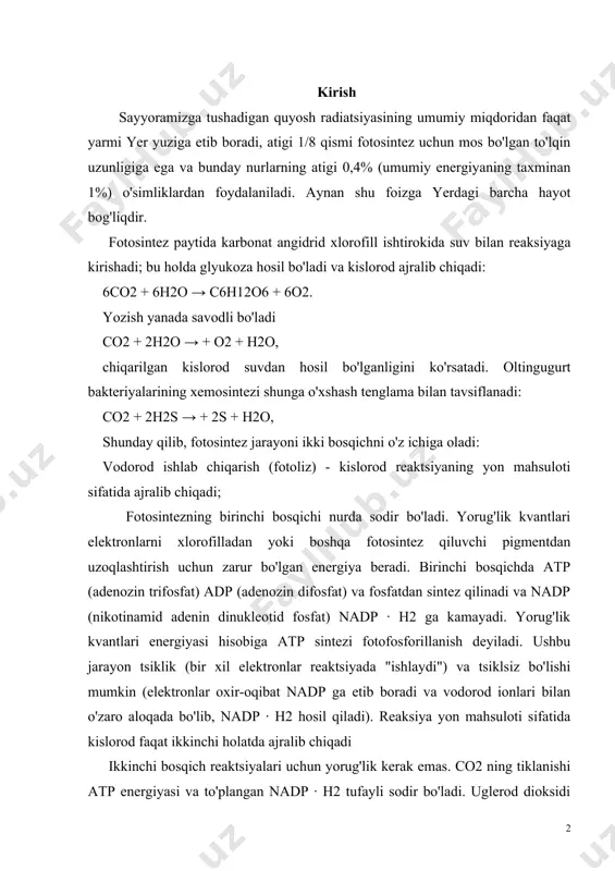 isobiga atp sintezi fotofosforillanish deyiladi. ushbu jarayon tsiklik (bir xil elektronlar reaktsiyada "ishlaydi") va tsiklsiz bo'lishi mumkin (elektronlar oxir-oqibat nadp ga etib boradi va vodorod ionlari bilan o'zaro aloqada bo'lib, nadp ∙ h2 hosil qiladi). reaksiya yon mahsuloti sifatida kislorod faqat ikkinchi holatda ajralib chiqadi ikkinchi bosqich reaktsiyalari uchun yorug'lik kerak emas. co2 ning tiklanishi atp energiyasi va to'plangan nadp ∙ h2 tufayli sodir bo'ladi. uglerod dioksidi beshta uglerodli shakar ribuloza bifosfat bilan bog'lanib, uchta uglerodli fosfogliserin kislotasining (pga) ikkita molekulasini hosil qiladi. ushbu jarayon c3 fotosintezi deb ataladi. keyingi reaktsiyalar tsikli (kalvin tsikli) fha dan shakar (masalan, glyukoza) hosil bo'lishiga, shuningdek ribuloza bifosfatining qayta sinteziga olib keladi. ba'zi o'simliklarda (masalan, shakarqamish, soya fasulyesi) c4 fotosintezi deb ataladigan narsa kuzatiladi, uning reaktsiyasida co2 kamayib, to'rtta uglerod atomiga ega bo'lgan organik kislotalarning tarkibiga kiradi (masalan, olma kislotasi). shu bilan birga, karbonat angidridning emishi ancha samaraliroq bo'lib, o'simliklarning hosildorligi ham oshadi. mavzuning …