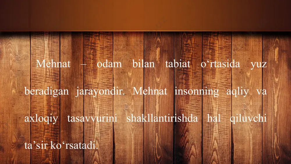 ee-power-point-templates.com duradgorlik o‘quv ustaxonasida har biringiz uchun amaliy mashg‘ulotlarni bajaradigan mashg‘ulot joyi mavjud. this presentation uses a free template provided by fppt.com www.free-power-point-templates.com mashg‘ulot joyida hamma vaqt namunali tartib bo‘lishi va u yerga faqat mazkur dars uchun kerakli asboblar qo‘yilishi lozim. this presentation uses a free template provided by fppt.com www.free-power-point-templates.com qolgan asboblar maxsus javon, asboblar tokchasi yoki dastgoh oyoqlarini biriktiruvchi bo‘ylama kashaklarga taglik taxta o‘rnatib, unga terib qo‘yilishi mumkin (5-rasm). this presentation uses a free template provided by fppt.com www.free-power-point-templates.com 5-rasm. asbob-uskuna va moslamalarni maxsus saqlash joyi this presentation uses a free template provided by fppt.com www.free-power-point-templates.com