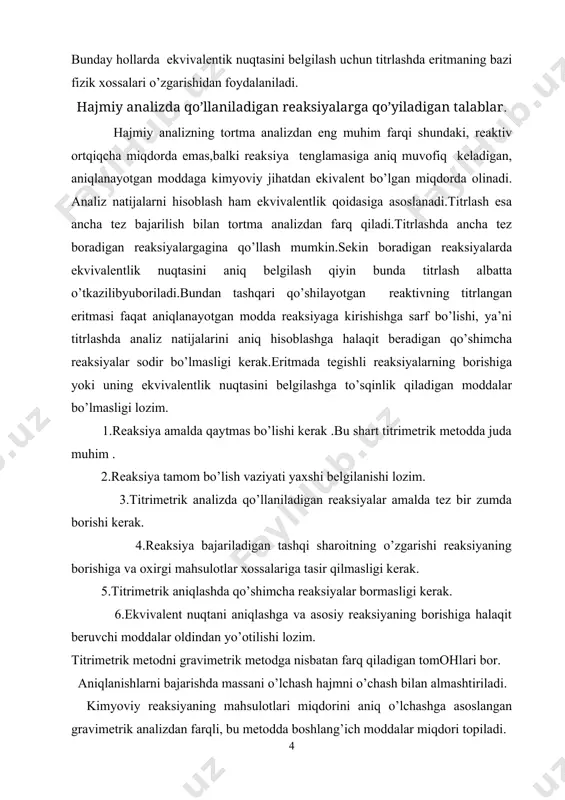 natometriyada oksidlovchi sifatida kaliy permanganat kmno4 ning ishchi titrlangan eritmasi ishlatiladi. bunda asosan indikatorsiz bajariladi. yodametriya.bu metodda o’ksidlovchi sifstida erkin yod eritmasi ishlatiladi.bu m etod yordamida o’ksidlovchilarni ham ,qaytaruvchilar miqdorini ham aniqlash mumkin xramatometriya. kaliy dixramat k2cr2o7 eritmasi titrlangan ishchi eritma sifatida ishlatiladi.bu metodni bevosita aniqlashda shuningdek bil vosita aniqlashlarda qo’llash mumkin. bromatometriya. bu metodida oksidlovchi sifatida ishchi eritma tariqaasida kaliy bramat kbro3 eritmasi qo’llaniladi. vanadatometriyada. bu metodi ammoniy vanadatning oksidlash qobiliyatidan foydalanishga imkon beradi. bu metodlardan tashqari miqdoriy analizning labaratoriya amaliyotida foydalaniladigan bir qancha turlari bor. 3. сho'ktirish metodi сho'ktirish metodi almashinish reaksiyalarga asoslangan bo’lib ,bu reaksiyalarda aniqlanuvchi element (ion) qandaydir qiyin eruvchan birikma holida cho’kmaga tushadi.ekvivalent nuqta har xil usullar bilan aniqlanadi.bu reaksiyalar quyidagi talablarni qanoatlantirishi lozim. - cho’kma amalda erimaydigan bo’lishi kerak. -cho’kma yetarli darajada tez va stexiometrik hosil bo’lishi. -indikatorlar yordamida ekvivalent nuqtani aniqlash uchun imkoniyat bo’lishi kerak. -begoha moddalarning adsorbsiyasi hodisasi analiz natijasiga tasir qilmasligi …