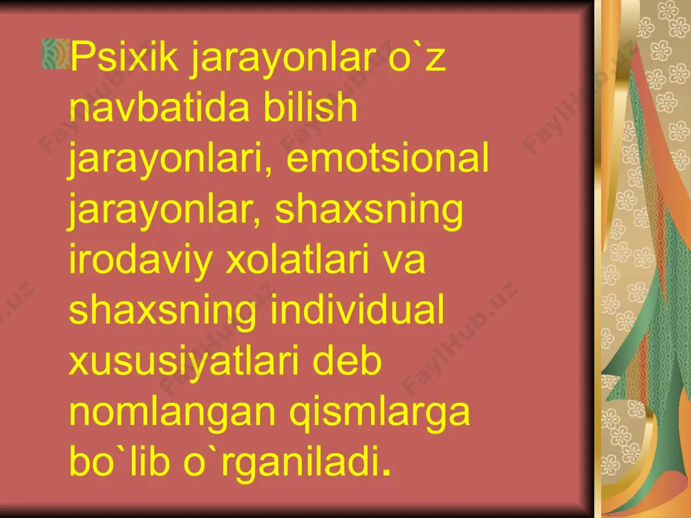 tlar davrasida, mehnat va o`quv jamoasida, asotsial uyushmada va x.k.) yuz beradi. uning uchun referent bo`lgan guruhda shaxsning individuallashuvi shakllanadi. kishining xarakterini bila turib, uning u yoki bu xolatlarda o`zini qanday tutishini, kishi xulq atvorini qanday izga solishini oldindan bilish mumkin. jumladan, o`quvchilarga jamoat topshiriqlarini taqsimlayotib, ularning nafaqat bilimlari va malakalarini balki xarakterini ham hisobga olish lozim. charlz darvin (1809-1882) o`zining «odamda va hayvonlarda xis-tuyg`ularning ifodalanishi to`g`risida» (1872) kitobida, fiziognomistik «har bir individning o`z shaxsiy qiziqishlariga ergashib, faqat yuzlaridagi, asosan ma'lum bir muskullarni qisqartirishi, bu muskullar kuchliroq rivojlangan bo`lishi mumkinligi va shuning uchun bu chiziqlar va ularning odatdagi qisqarishidan paydo bo`ladigan yuz qisqarishi ancha chuqur va ko`zga ko`rinarli bo`lishi mumkinligini jiddiy ravishda bilish kerak»: darvinning bu g`oyalari ko`pgina psixologlarning izlanishlari uchun asos bo`ldi. image1.wmf image2.png image6.jpeg image7.jpeg image3.png image4.png image5.png seclub.org /docprops/thumbnail.jpeg