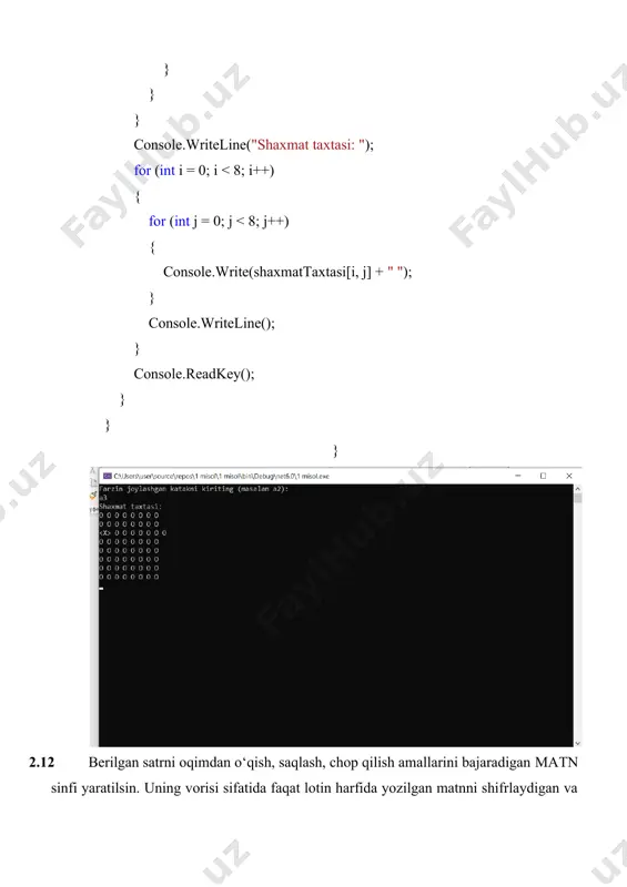 lar.add(yozuv); } else if (tanlov == 2) { console.writeline("o'chiriladigan yozuvni kiriting:"); string yozuv = console.readline(); yonlar.remove(yozuv); } else if (tanlov == 3) { break; } else { console.writeline("noto'g'ri tanlov! qayta urinib ko'ring."); } } console.writeline("yon daftari:"); foreach (string yozuv in yonlar) { console.writeline(yozuv); } console.readkey(); } } } 5.7 kesmani teng ikkiga bo'lish usuli yordamida f(x)0 tenglamani [a,b] oraliqda eps aniqligidagi ildizini topadigan root (f,a,b,eps) rekursiv funksiyasi tuzilsin. (eps>0,a eval(funksiya, x); console.write("a ni kiriting: "); double a = double.parse(console.readline()); console.write("b ni kiriting: "); double b = double.parse(console.readline()); console.write("eps ni kiriting: "); double eps = double.parse(console.readline()); double root = root(f, a, b, eps); console.writeline($"tenglama ildizi: {root}"); } static double eval(string funksiya, double x) { return convert.todouble(new system.data.datatable().compute(funksiya.replace("x", x.tostring()), null)); } static double root(function f, double a, double b, double eps) { double c = (a + b) / 2; if (math.abs(b - a) , , , , , maydonlarni o'z ichiga …