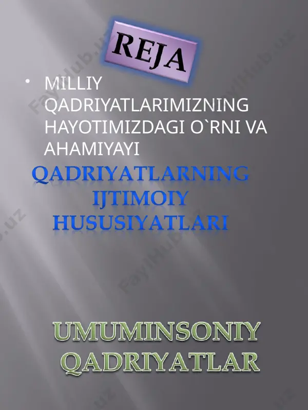 da, inson va insoniyat uchun ahamiyatli bo‘lgan barcha moddiy va ma’naviy madaniyat unsurlari tu-shuniladi. qadriyatlar ijtimoiy-tarixiy taraqqiyot mahsuli bo‘lib, inson-lar o‘rtasidagi munosabatlar uchun foyda keltiradigan narsalar, ma’na-viy-ma’rifiy an’analar, urf-odatlar, xatti-harakatlar majmuyidir. qadriyat insoniyat yaratgan va yaratayotgan moddiy va ma’naviy boyliklarning gul-tojidir. qadriyatlarning ahamiyati shundaki, ular kishilarning xatti-harakati-ni, xulq-atvorini tartibga, tegishli me’yorga solishga va to‘g‘ri yo‘naltirish-ga xizmat qiladi. qadriyatlarni madaniyat singari moddiy va ma’naviy qadriyatlarga ajra-tish mumkin. moddiy qadriyatlarga insonlar uchun jismoniy qulayliklar ya-ratuvchi xo‘jalik, texnik, sog‘liq, jinsiy juftlik, moddiy boylik, qulay maishiy shart-sharoitlar, toza suv, sifatli oziq-ovqat va boshqalarni kiritish mumkin. ma’naviy qadriyatlarga insoniyat hayotiga ming yillar davomida shakl-langan an’ana, urf-odat va marosimlar, ilmiy, ma’rifiy axloqiy, estetik, di-niy, badiiy va boshqa ma’naviy boyliklar kiradi. ayrim qadriyatlar tarixiy, davriy xususiyat kasb etib, davr o‘zgarishi bilan o‘zgarib borishi mumkin. shu bilan birga, doimiy, universal ahamiyatga ega bo‘lgan qadriyatlar ham mavjud. masalan, odamni qahramonlikka, vatanga sodiqlikka un-dovchi qadriyatlar. badiiy, axloqiy qadriyatlar ham universal …