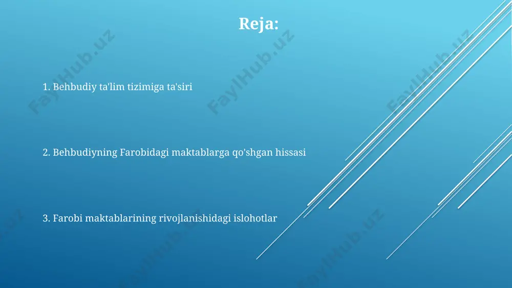 madrasalariga qo'shgan hissasi behbudiy farabiy madrasalarida 30 nafarga yaqin ustoz va o'qituvchining ish haqini to'lashda moddiy yordam berib, ularning malakasini oshirishga ham hissa qo'shgan. uning sa'y-harakatlari natijasida farabiyda 2 ta yangi o'quv dasturi joriy etilgan bo'lib, ular zamonaviy fanlarni o'z ichiga olgan va 100 dan ortiq o'quvchini qamrab olgan. behbudiy farabiy shahridagi 5 dan ortiq maktabning qurilishi va jihozlanishiga 10 000 dan ziyod rubl miqdorida mablag' ajratgan, bu ta'limning rivojiga sezilarli hissa qo'shgan. pedagog kadrlar tayyorlashga qo'shgan hissa uning pedagogika bo‘yicha yozgan risolalari va qo‘llanmalari farabi hududidagi 10 ga yaqin maktabda o‘qituvchilarning kasbiy malakasini oshirishda muhim ahamiyatga ega bo‘ldi. behbudiy farabi shahridagi pedagogika kollejining ochilishida muhim rol o‘ynab, 1920-yillarda 50 dan ortiq malakali o‘qituvchini tayyorlashga hissa qo‘shdi. behbudiy farabi shahrida o‘qituvchilar uchun maxsus kurslar va seminarlar tashkil etib, 200 dan ziyod pedagog kadrini qayta tayyorlash va ularning bilim va ko‘nikmalarini takomillashtirishga hissa qo‘shdi. darsliklar va o'quv qo'llanmalari yaratilishi behbudiy farabi …