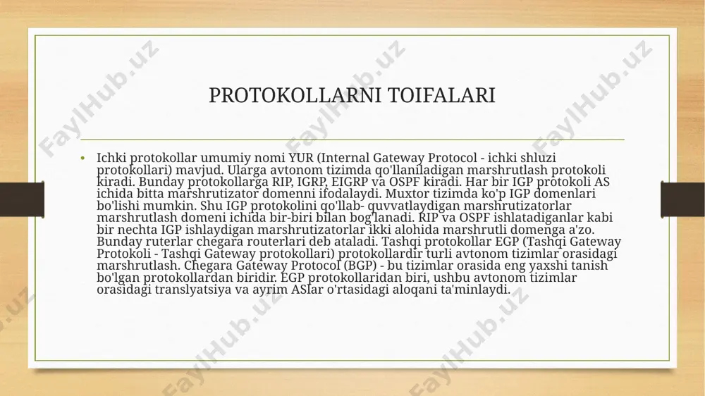 i yuqori darajali tarmoq protokollarini wi- fi, bluetooth va lte kabi simsiz tarmoq prtokollarini tarmoq routerlari kabi yonalishli protokollar bilan tanishib chiqdim va ular bilan amaliy ishlarni olib bordim foydalanilgan adabiyotlar va internet saytlari 1. э.а. якубайтис. открытые информационные системы. москва: «радио и связь», d.delmonico, o.rist. обзор браузеров word wide web.cw. m, в. олифер, н. олифер. компьютерные сети. принципы, технологии, протоколы. спб., питер, т. паркер. освой самостоятельно tcp/ip. м., бином, с. золотов. протоколы internet. спб., bhvсанкт-петербург, internet saytlar http://www.myshared.ru/slide/1423152/ e’tiboringiz uchun rahmat image5.png image6.png image7.png image8.png image3.png image4.png /docprops/thumbnail.jpeg