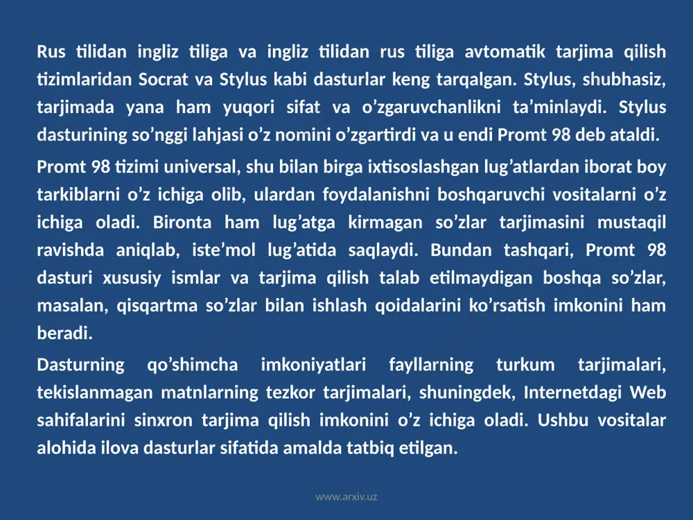 u foydalanilayotgan lug’atlarni aks ettirish va tanlash, tarjima qilinayotgan hujjatning dasturga noma’lum bo’lgan so’zlari ro’yxatini olish va tarjima qilish lozim bo’lmagan so’zlar ro’yxatini boshqarish uchun mo’ljallangan uchta qo’shimcha varaqadan iborat: ilova darchasining pastki qismida tavsiyanoma satri ostida asboblar paneli joylashgan. ular satrida hujjat bilan ishlash imkoniyatini beruvchi piktogrammalar ro’yxatidir. www.arxiv.uz promt 98 da ishni boshlash promt 98 da ishlash uchun bu dastur xotiraga chaqiriladi va создать piktogrammasi bosiladi (17.19-rasm): 17.19-rasm www.arxiv.uz natijada quyidagi ekran – направление перевода (tar­ji­ma yo’nalishi) hosil bo’ladi (17.20-rasm). 17.20-rasm www.arxiv.uz biror tilda yozilgan matnni tarjima qilish uchun направление перевода bandidan foydalaniladi. bu yerda, masalan, rus tilidan ingliz tiliga tarjima qilish uchun русско-английский bandi tanlanadi va ok bosiladi. bunda kompyuter avtomatik ravishda rus tilida yozilgan matnni ingliz tiliga tarjima qiladi va tarjima qilingan matn ekranning quyi qismida ko’rsatiladi. 17.21-rasmga qarang. shuni aytish kerakki, kompyuter hozircha 100% to’la va aniq tarjima qila olmaydi, albatta. lekin tarjima sifati oshib …