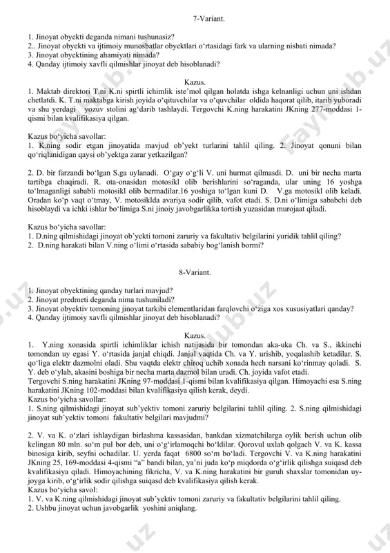 r o‘zining xususiyati va ijtimoiy xavflilik darajasiga qanday tasniflanadi?. 2. jinoyatning ijtimoiy xavflilik xususiyati deganda nima tushuniladi? 3. jinoyatning ijtimoiy xavflilik darajasi deganda nima tushuniladi? 4. jinoyat tarkibi deganda nima tushuniladi? kazus. 1. n. turmush o‘rtog‘i s. uni doimiy ravishda kaltaklab azob berib kelganligi uchun uni o‘ldirish maqsadida ovqatida zahar qo‘shib beradi. s.ovqatni yeydi va ahvoli og‘irlashadi. n. s.ga rahmi kelib tez yordam chaqiradi va u yerda ko‘rsatilgan davolash muolajalari tufayli s. tirik qoladi. kazus bo‘yicha savollar: 1. n. .ning qilmishida jinoyat tarkibi mavjudmi? 2. n.ning qilmishida jinoyat tarkibi mavjud yoki mavjud emasligini asoslab bering 2. kechki payt kimsasiz ko‘chada s. t.ni to‘xtatib, “pichoq”qa o‘xshash qurol bilan qo‘rqitib, uning qo‘lidagi uyali aloqa telefonini olib qo‘ydi. uch kundan keyin k. ichki ishlar organi xodilari tomonidan ushlandi.tergovchi s.ning harakatini jkning 164-moddasi 2-qismi “a” bandi bilan kvalifikasiya qiladi. kazus bo‘yicha savollar: 1.s.ning qilmishini jinoyat ob’yekti turlari bo‘yicha yuridik tahlil qiling? 2.ushbu jinoyatda jinoyat …